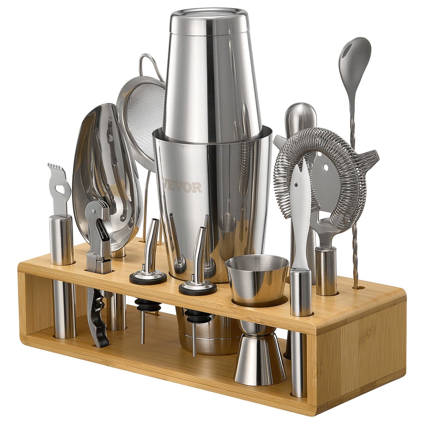 Cocktail Shaker Set, 13-Piece Stainless Steel Bar Tools with Bamboo Stand, Boston Bartender Kit Accessories | Mixer Spoon, Muddler, Jigger, Strainer, Liquor Pourers, Ice Scoop, Lemon Zester