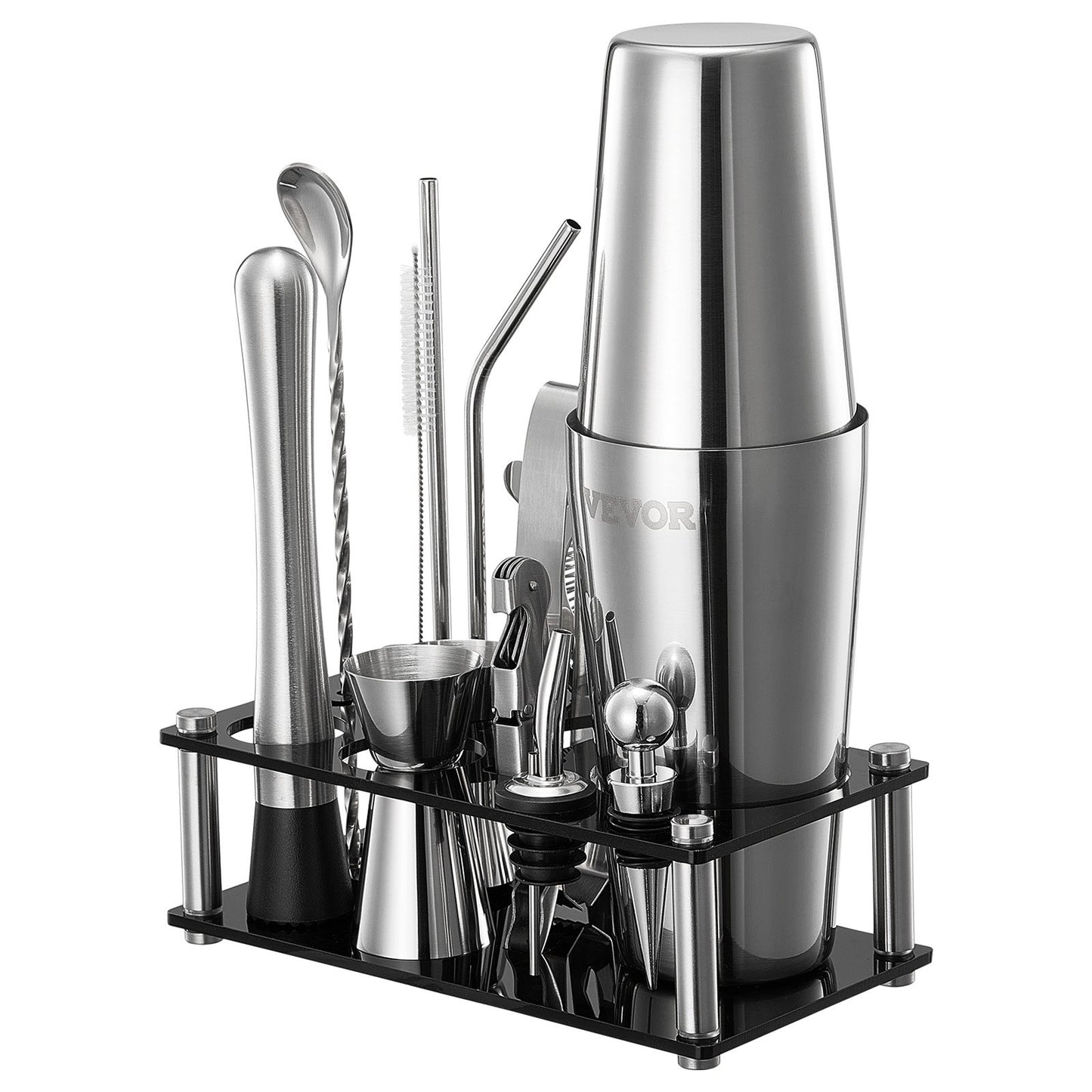 Cocktail Shaker Set, 14-Piece Stainless Steel Bar Tools with Acrylic Stand, Boston Bartender Kit Accessories | Mixer Spoon, Muddler, Jiggers, Strainer, Liquor Pourer, Ice Tong, Corkscrew, Silver