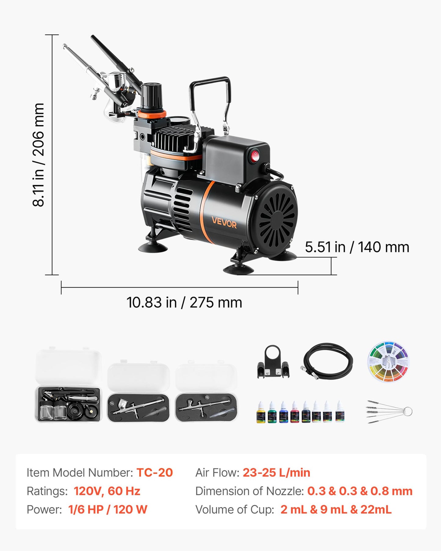 Airbrush Kit, 1/6 HP, Air Brush Kit with Air Compressor, 3 Dual-Action Professional Airbrushes with 3 Tips, Hose, Acrylic Paint, 2 Fans, Low Noise, for Cake Decorating, Model Painting, Nail Art