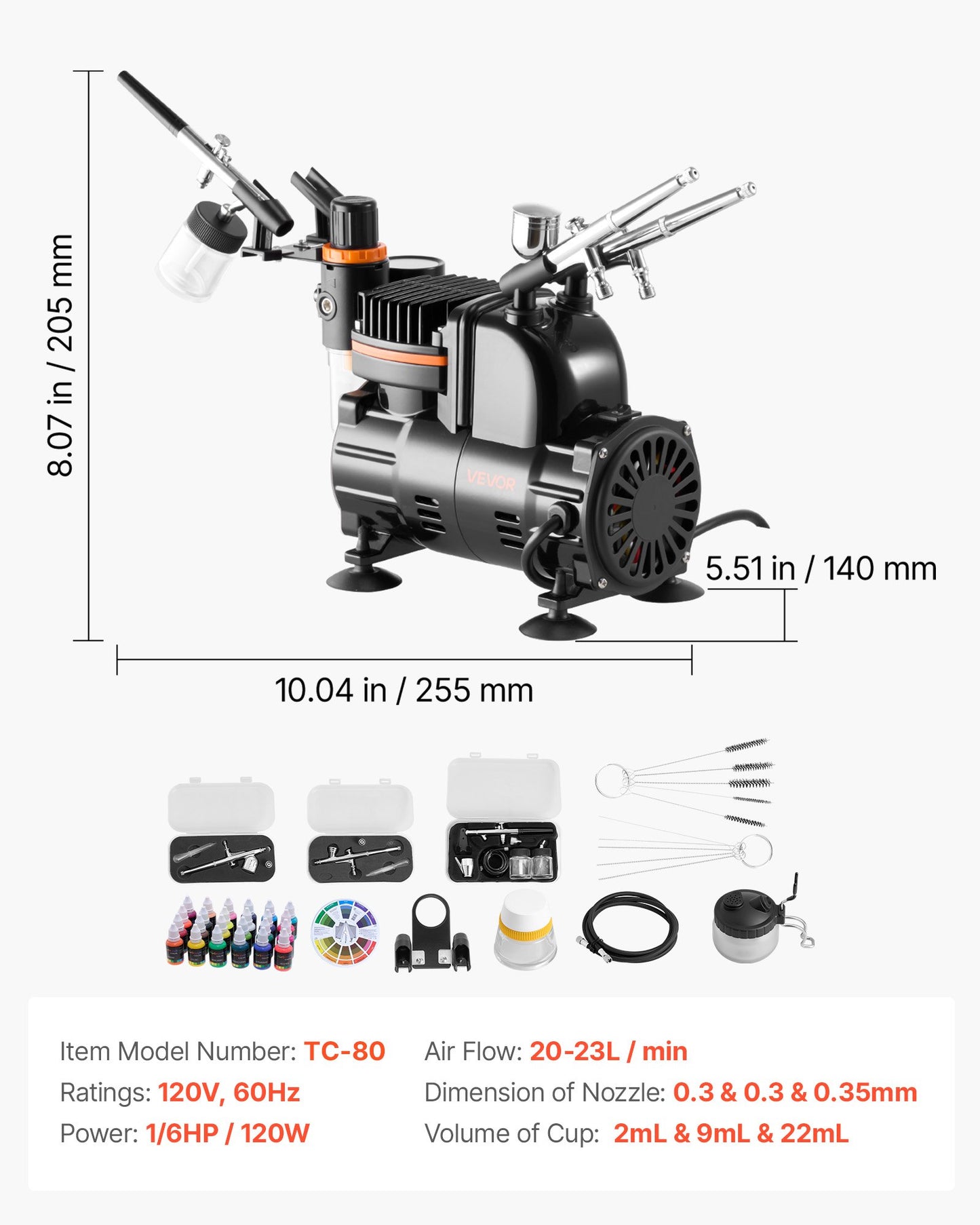 Airbrush Kit, 1/6 HP, Air Brush Kit with Air Compressor, 3 Dual-Action Professional Airbrushes with 3 Tips, Hose, Acrylic Paint, Brush, Low Noise, for Cake Decorating, Model Painting, Nail Art