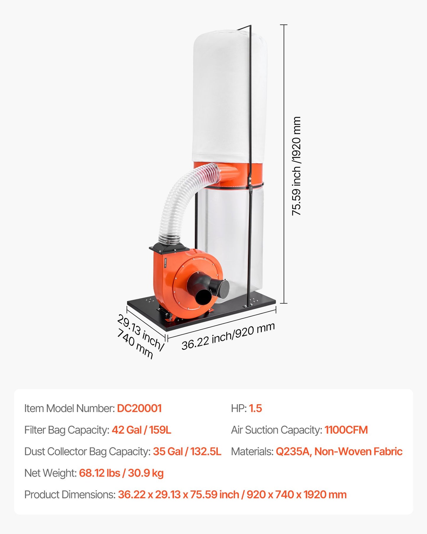 Dust Collector, 1100 CFM 2.5 Micron Vortex Cone Dust Collectors, 1.5HP Sawdust Collection System with 35-Gallon Dusts Collector Bag & 42-Gallon Filter Bag, 3400 RPM High Speed, for Woodworking