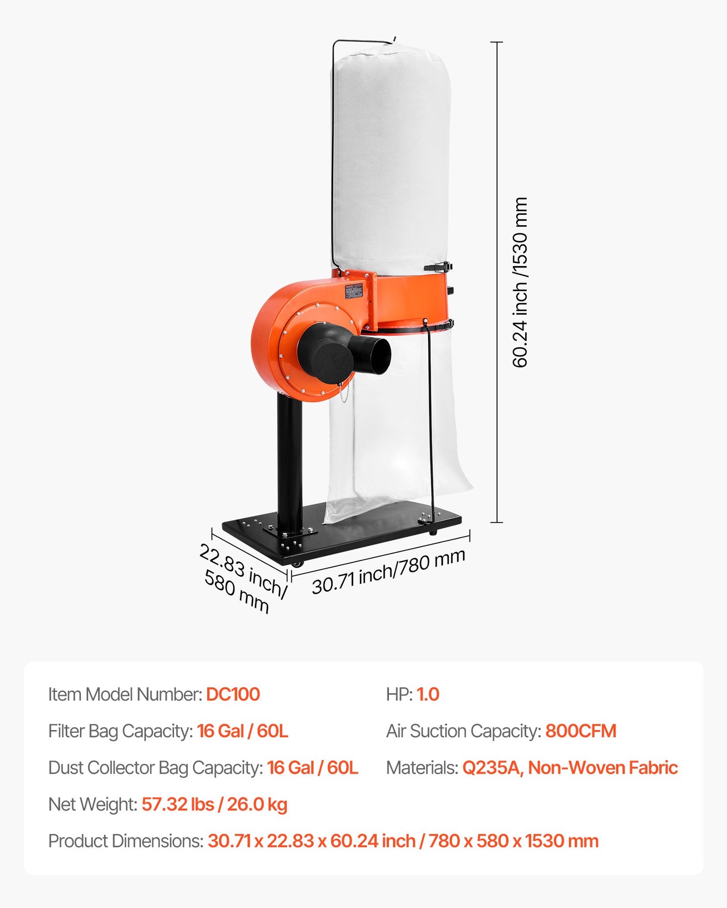 Dust Collector, 800 CFM 2.5 Micron Vortex Cone Dust Collectors, 1HP Sawdust Collection System with 16-Gallon Large Capacity Dusts Collector Bag, Filter Bag, and Casters, 3400 RPM High Speed
