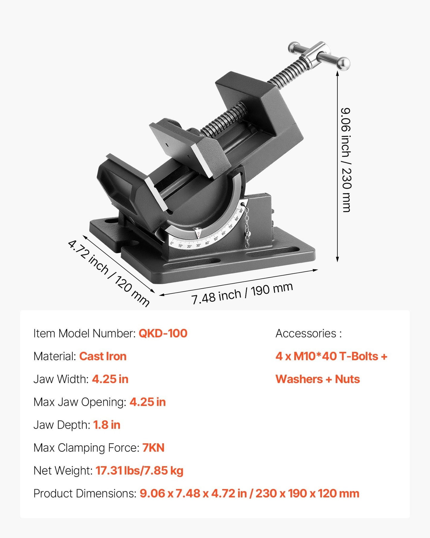 Tilting Vise, 4.25 Inch Jaw Width, Portable Drill Press Bench Vise, 0–90° Adjustable Tilt, Durable Cast Iron Construction, Workbench Vice for Woodworking, for Benchtops and Drill Presses, Black