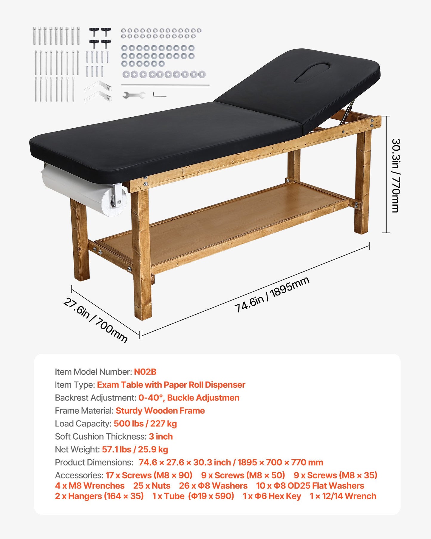 Medical Exam Table, Wooden Framed Medical Examination Bed, Physical Therapy Exam Table with Adjustable Backrest, Storage Shelf & Paper Roll Dispenser for Hospitals Clinics Rehab Centers, 500LBS