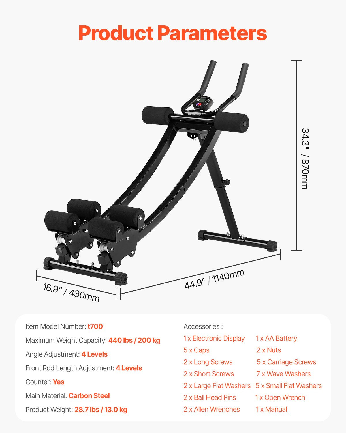 AB Workout Machine, Dual-track Ab Workout Equipment at Home Gym, Core & Abdominal Trainers for Women, 440 lbs Weight Capacity Strength Training Ab Cruncher, Foldable Adjustable Fitness Exerciser
