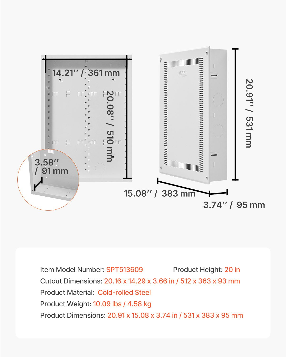 Structured Media Enclosure, 20-Inch, Recessed in-Wall Media Box with Cover, Wall-Mount Cable Management Box Kit, Structured Wiring Multi-Media Cabinet, Cold-Rolled Steel, for TV Home Theater