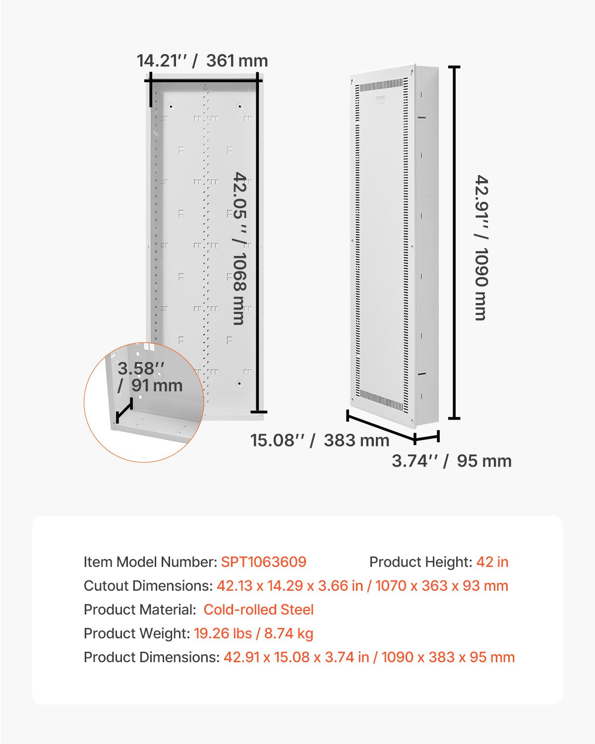 Structured Media Enclosure, 42-Inch, Recessed in-Wall Media Box with Cover, Wall-Mount Cable Management Box Kit, Structured Wiring Multi-Media Cabinet, Cold-Rolled Steel, for TV Home Theater