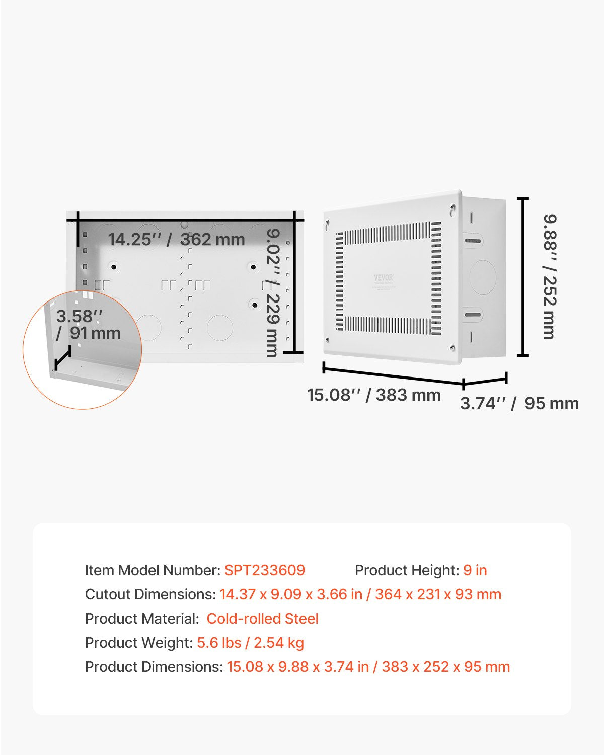 Structured Media Enclosure, 9-Inch, Recessed in-Wall Media Box with Cover, Wall-Mount Cable Management Box Kit, Structured Wiring Multi-Media Cabinet, Cold-Rolled Steel, for TV Home Theater