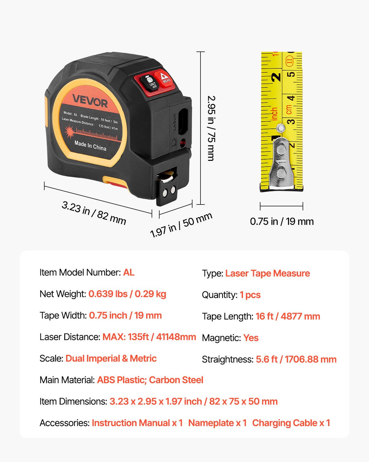 2-in-1 Laser Tape Measure, 135Ft Rechargeable Laser Measurement Tool & 16Ft Measuring Tape with Magnetic, 4 Modes-Length, Area, Volume, Continuous,ft/in/m/ft+in Unit,for Outdoor,Decoration