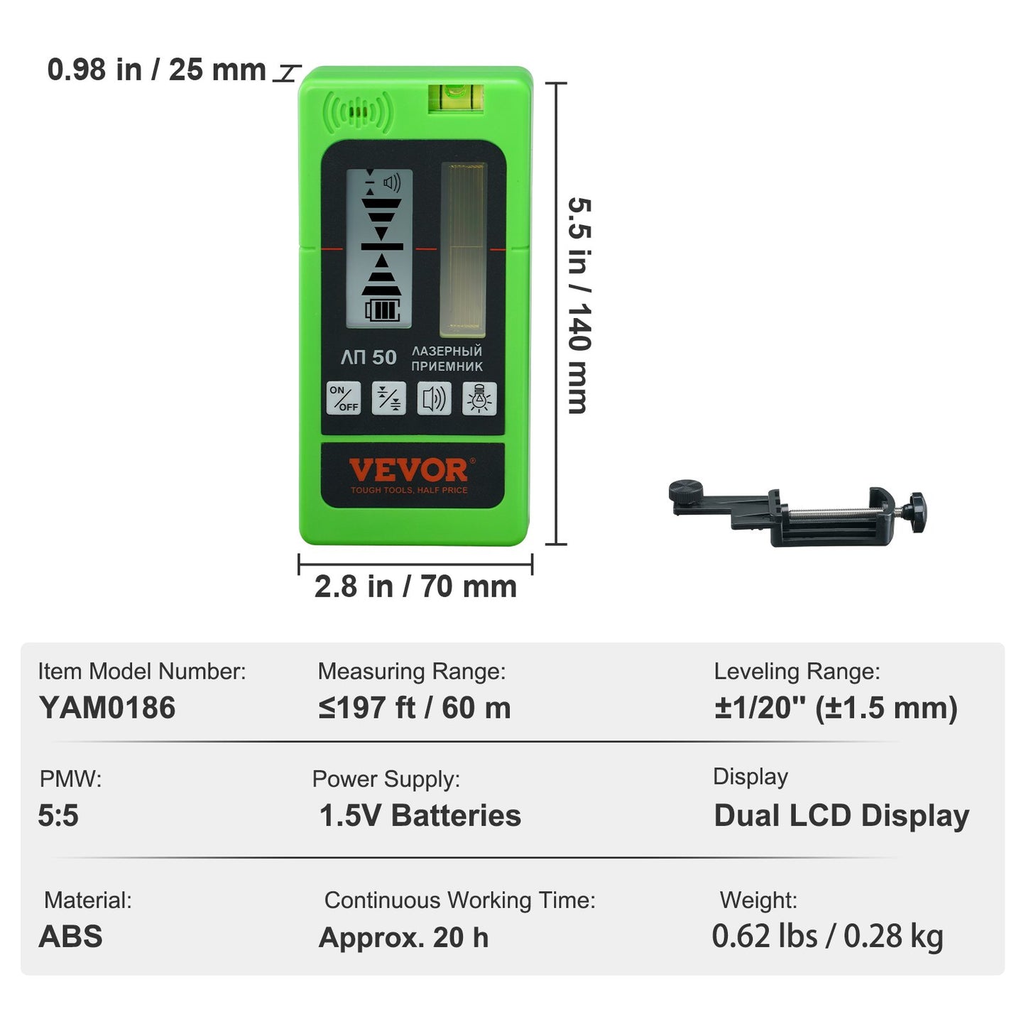 Laser Receiver, 197 ft Working Range, Green Laser and Red Beam Detector for Pulsing Line Lasers, Customizable Speaker & Dual LCD Display & Built-In Bubble Level with Clamp for Laser Level Ebay美