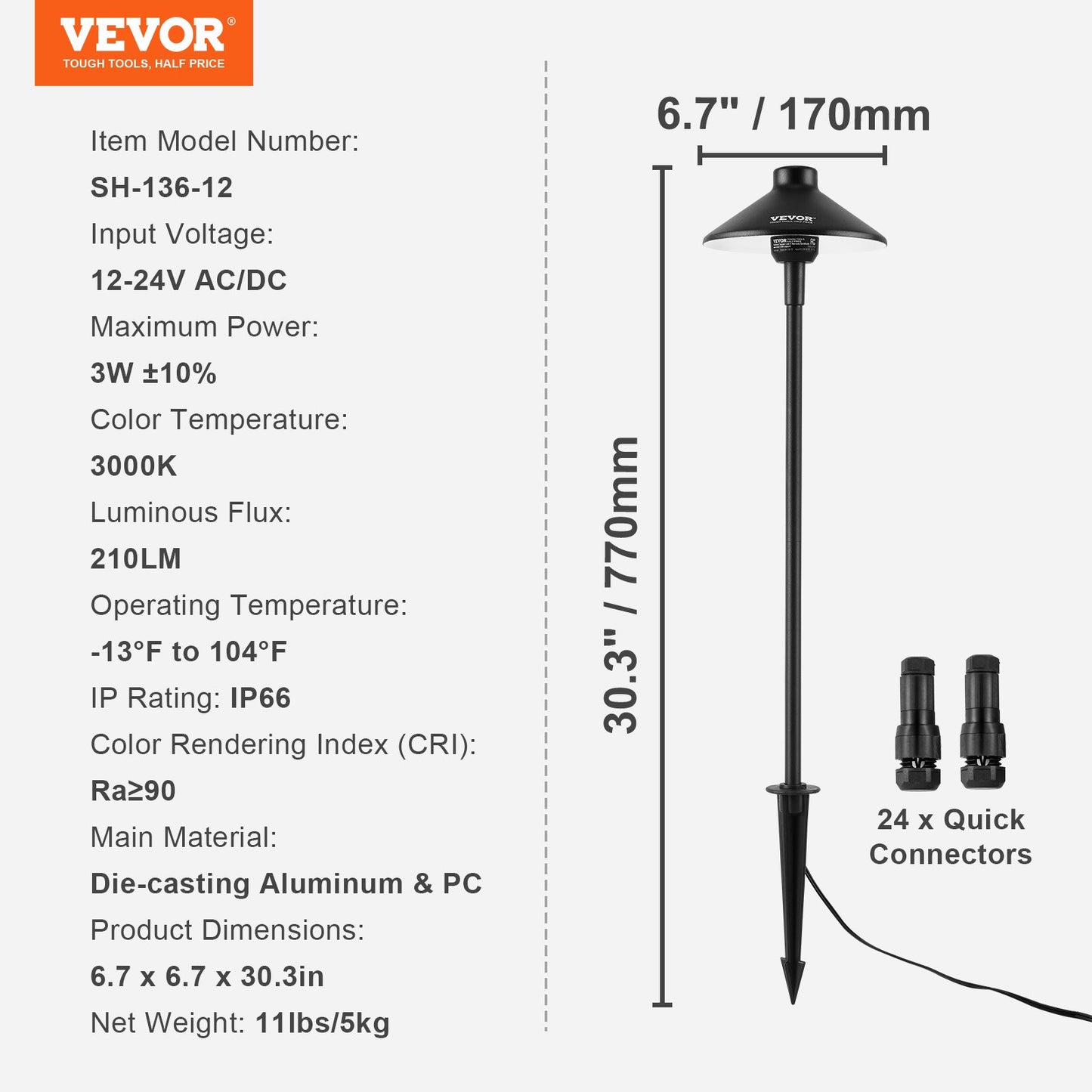 12 Pack Low Voltage Landscape Path Lights, 3W 210LM 12V-24VAC/DC Outdoor LED Pathway Lighting, 3000K Warm White Walkway Lights with Quick Connectors, IP66 Waterproof for Yard Garden Sidewalk