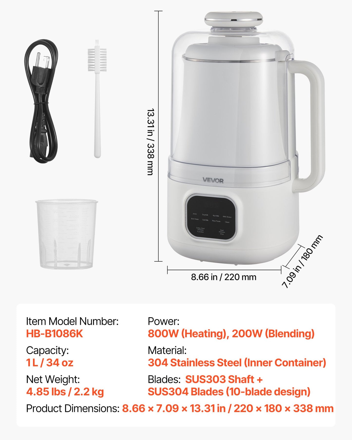 8-in-1 Nut Milk Maker, 34 oz Soy Milk Maker with 200W Blending, for Homemade Oat, Nut, Soy, Juice, Milkshake, Rice Cereal, Plant-Based Beverages with Self-Cleaning, Boil Water, 12-Hour Delay