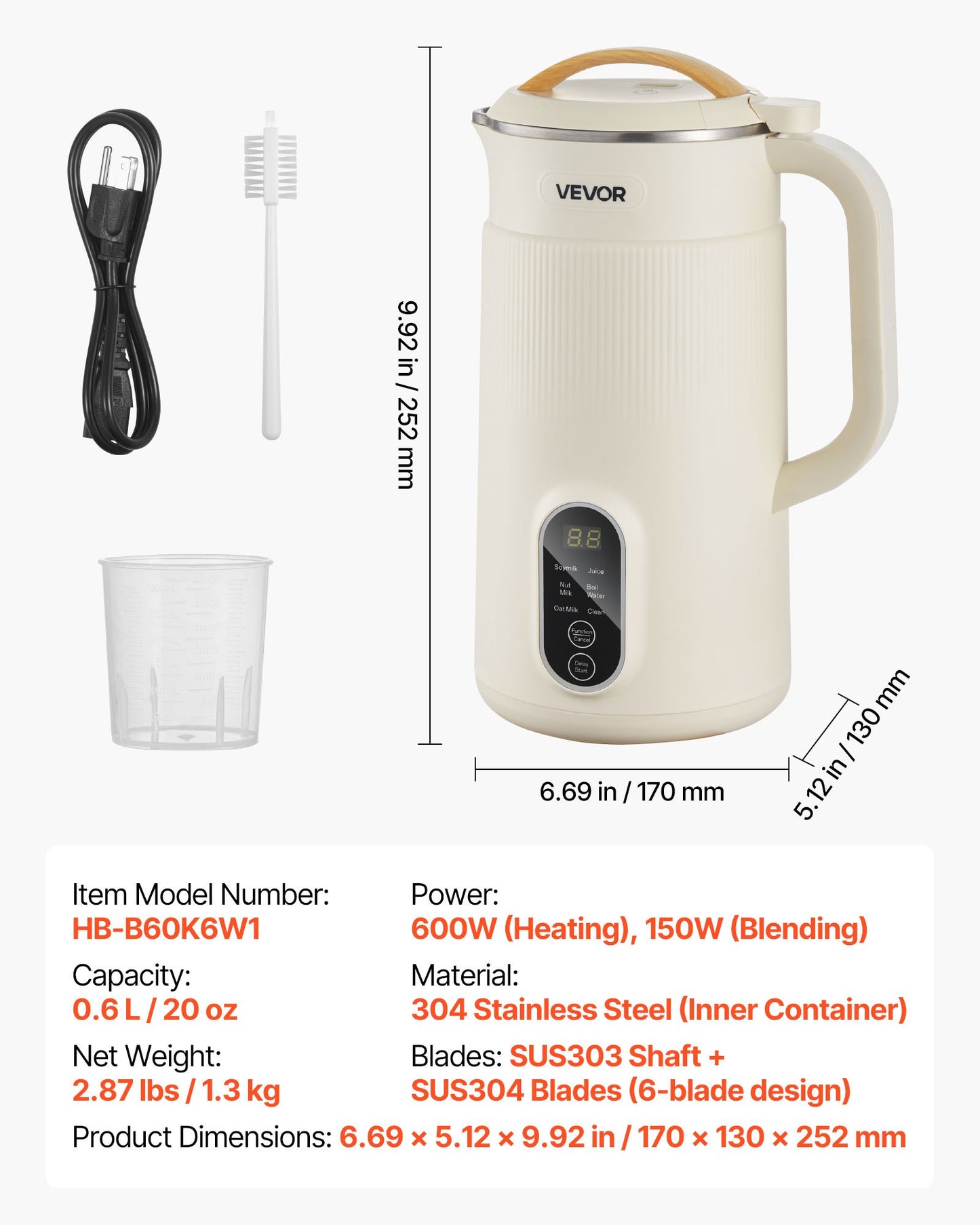 6-in-1 Nut Milk Maker, 20 oz Soy Milk Maker Machine with 6 Blades, for Homemade Oat, Nut, Soy, Juice, Plant-Based and Non Dairy Beverages with High-Temp Self-Cleaning, Boil Water, 12-Hour Delay