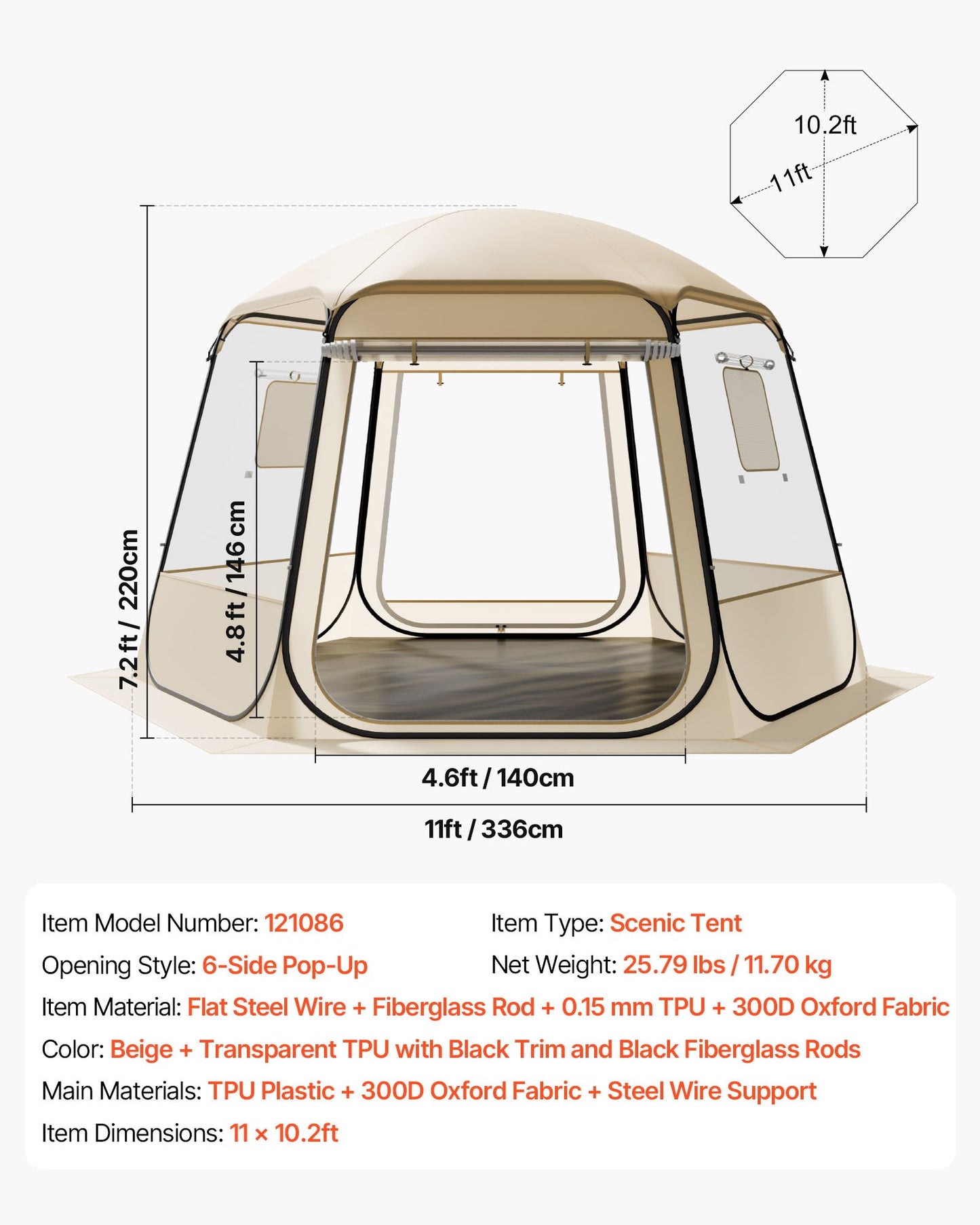 Pop up Bubble Tent, 11 x 10.2 ft Waterproof & UV-Resistant, Clear Camping Tent Shelter, Outdoor Garden Dome Igloo Tents with Windows, 540° Panoramic View, for 8-10 Persons Patio Backyard