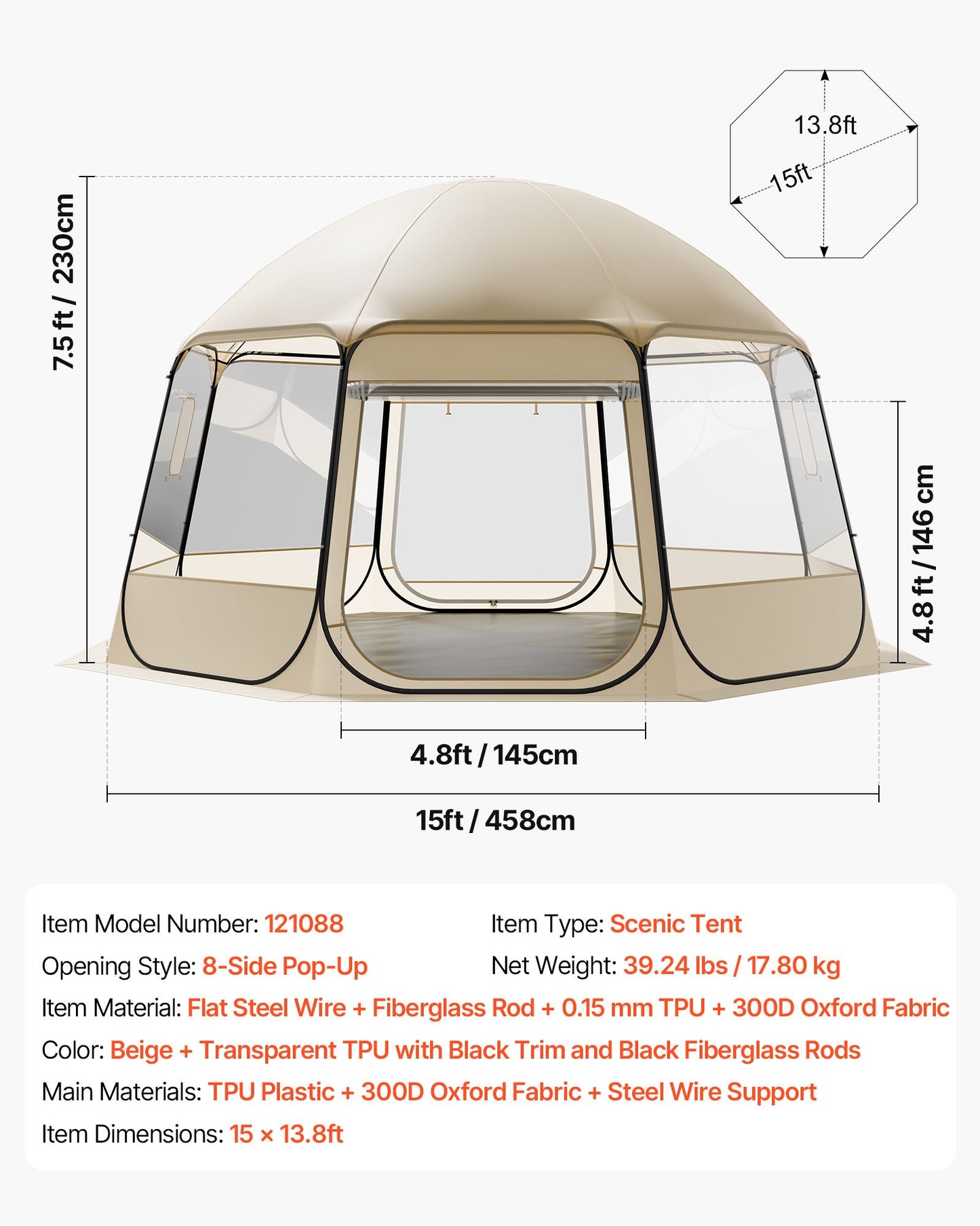 Pop up Bubble Tent, 15 x 13.8 ft Waterproof & UV-Resistant, Clear Camping Tent Shelter, Outdoor Garden Dome Igloo Tents with Windows, 540° Panoramic View, for 12-15 Persons Patio Backyard
