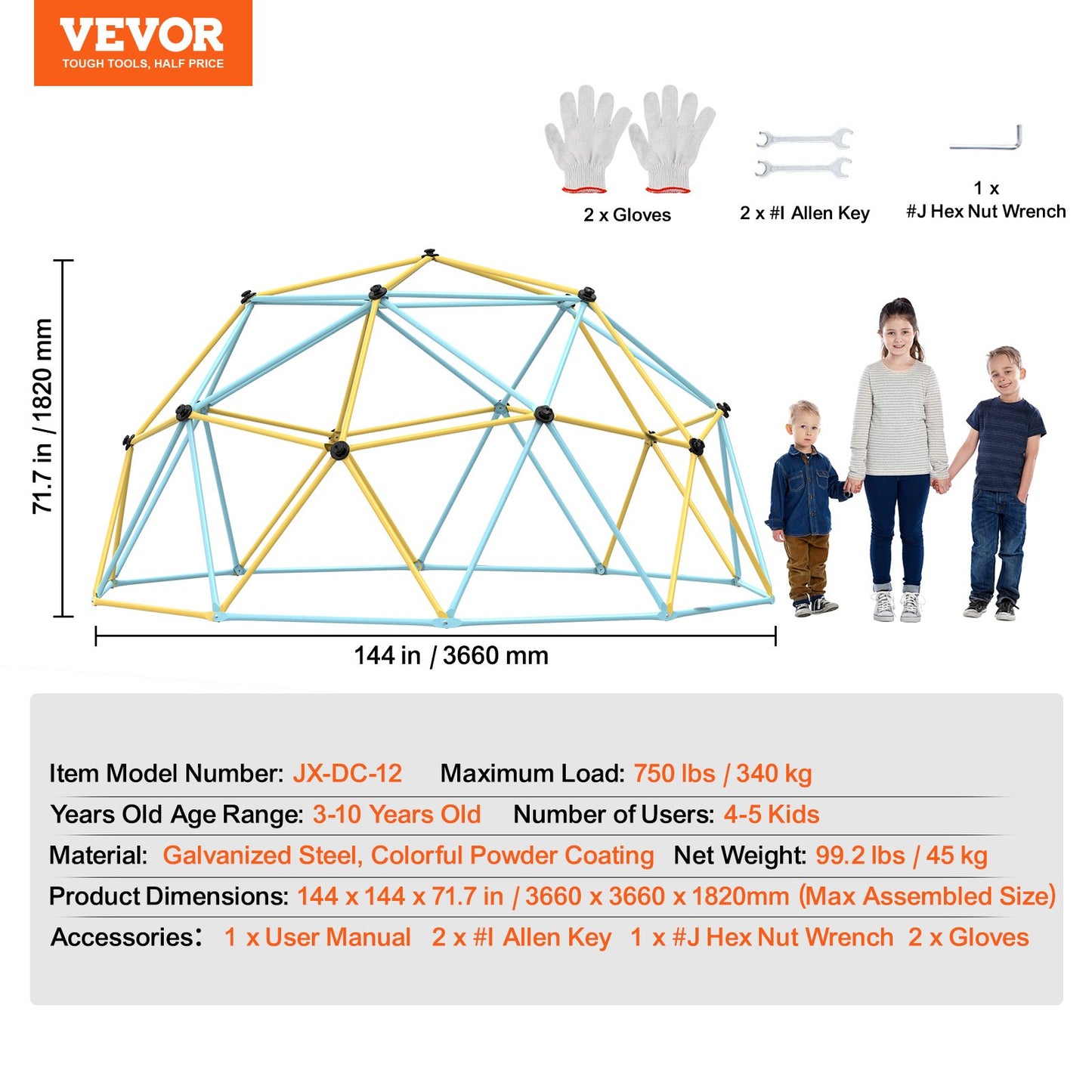 Climbing Dome,Jungle Gym Supports 750LBS and Easy Assembly, 12FT Geometric Dome Climber Play Center for Kids 3 to 10 Years Old, with Climbing Grip, Outdoor Backyard Play Equipment for Kids