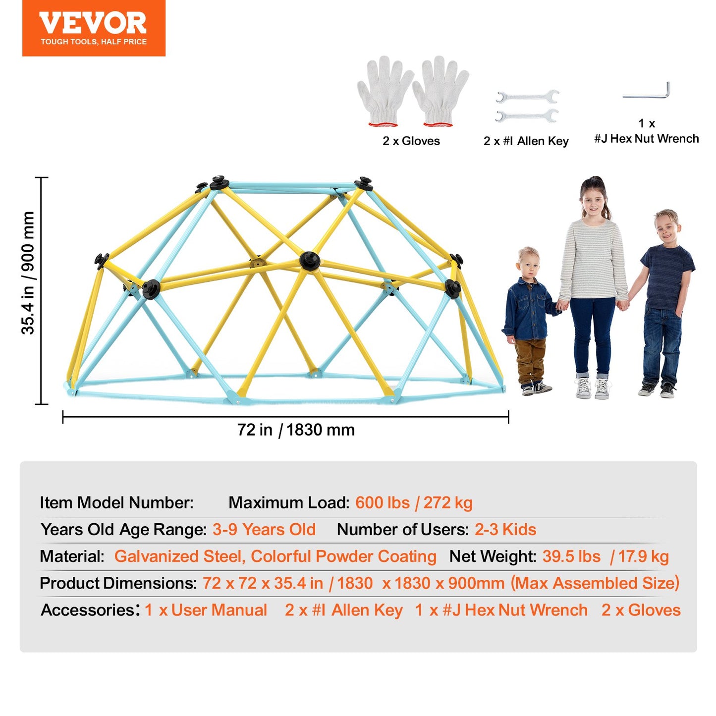 Climbing Dome, Jungle Gym Supports 600LBS and Easy Assembly, 6FT Geometric Dome Climber Play Center for Kids 3 to 9 Years Old, with Climbing Grip, Outdoor and Indoor Play Equipment for Kids