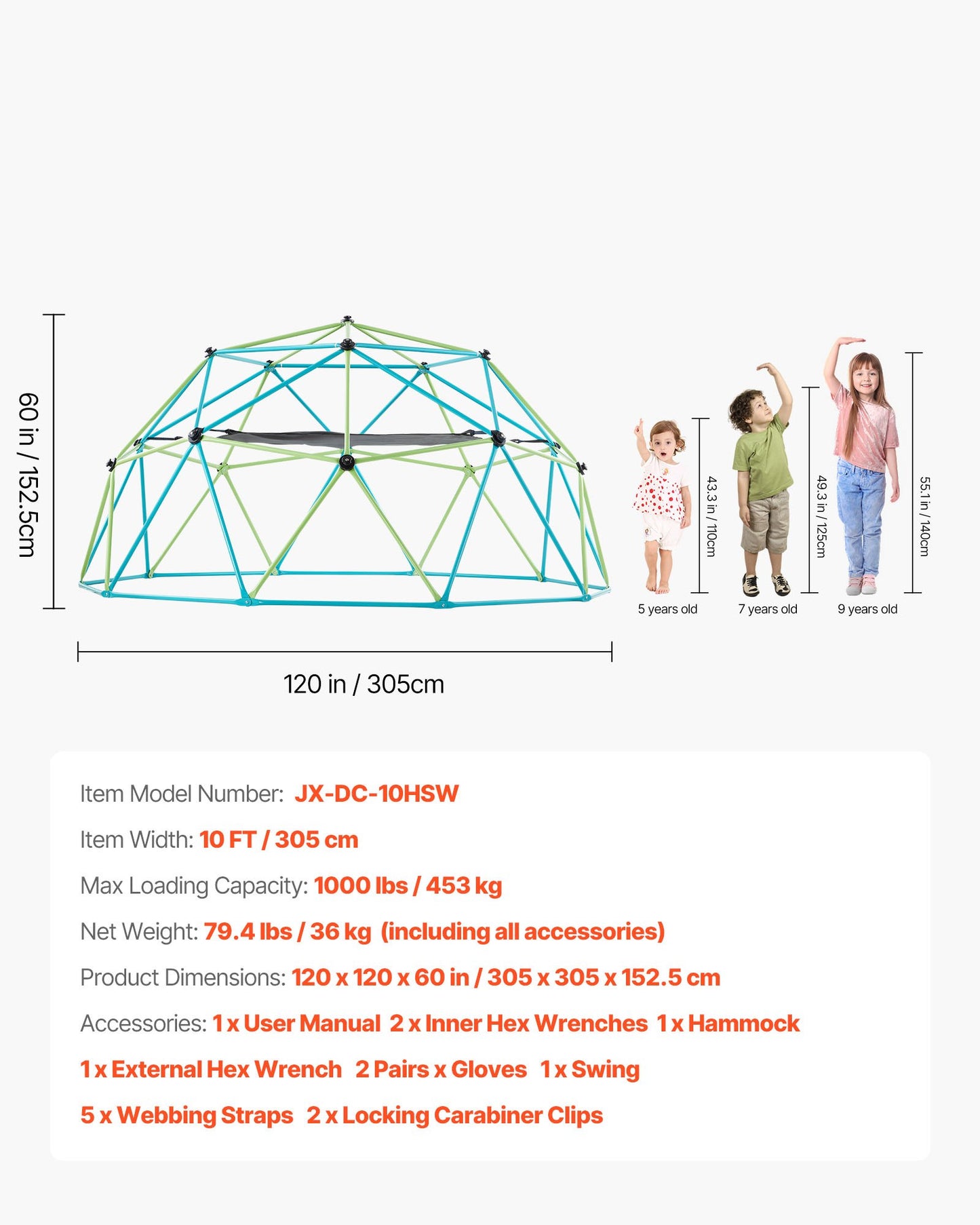 Climbing Dome, 10FT Geometric Dome Climber with Swing & Hammock, 1000LBS Loading Kid's Jungle Gym Playground, Easy-Assembly Outdoor Backyard Climbing Equipment for Boys Girls 3 to 10 Years Old