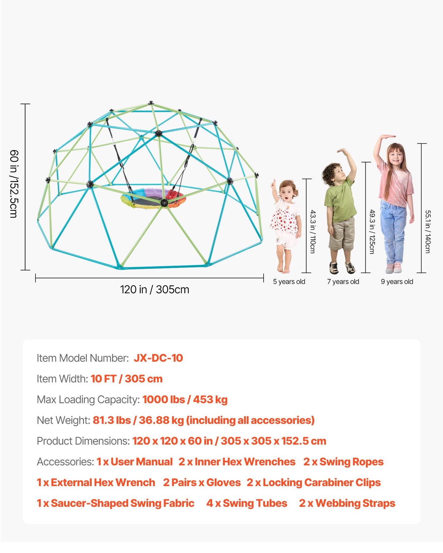 Climbing Dome, 10FT Geometric Dome Climber with Saucer Swing, 1000LBS Loading Kid's Jungle Gym Playground, Easy-Assembly Outdoor Backyard Climbing Equipment for Boys Girls 3 to 10 Years Old