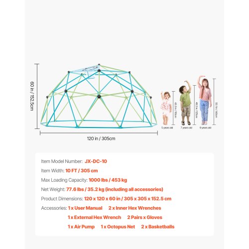 Kletterkuppel 10FT Geometrische Kuppel Klettergerüst Klettergerüst 1000LB Max Belastung | EU
