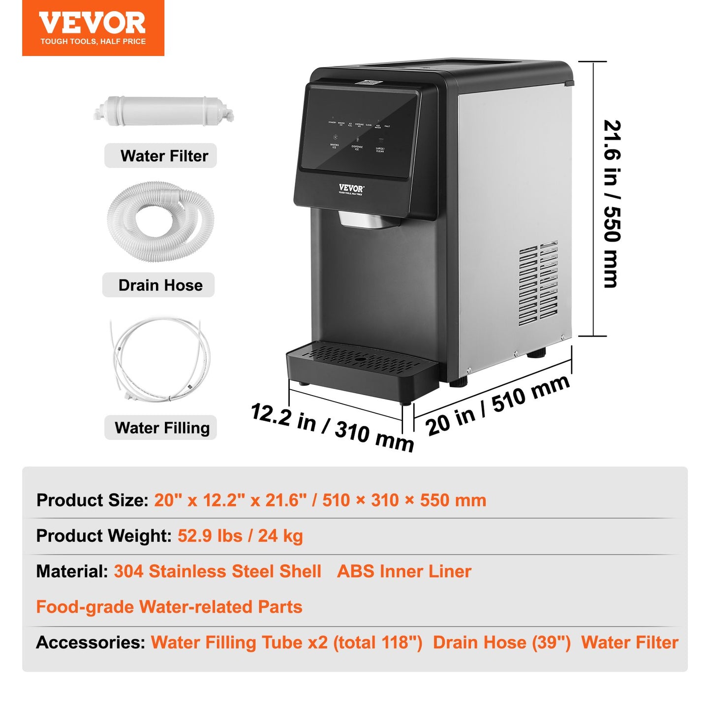 Countertop Ice Maker, 62lbs in 24Hrs, Auto Self-Cleaning Portable Ice Maker with Water Filling Pipe, Water Filter and Drainpipe, Automatic Water Refill Ice Machine for Home Kitchen Office Party