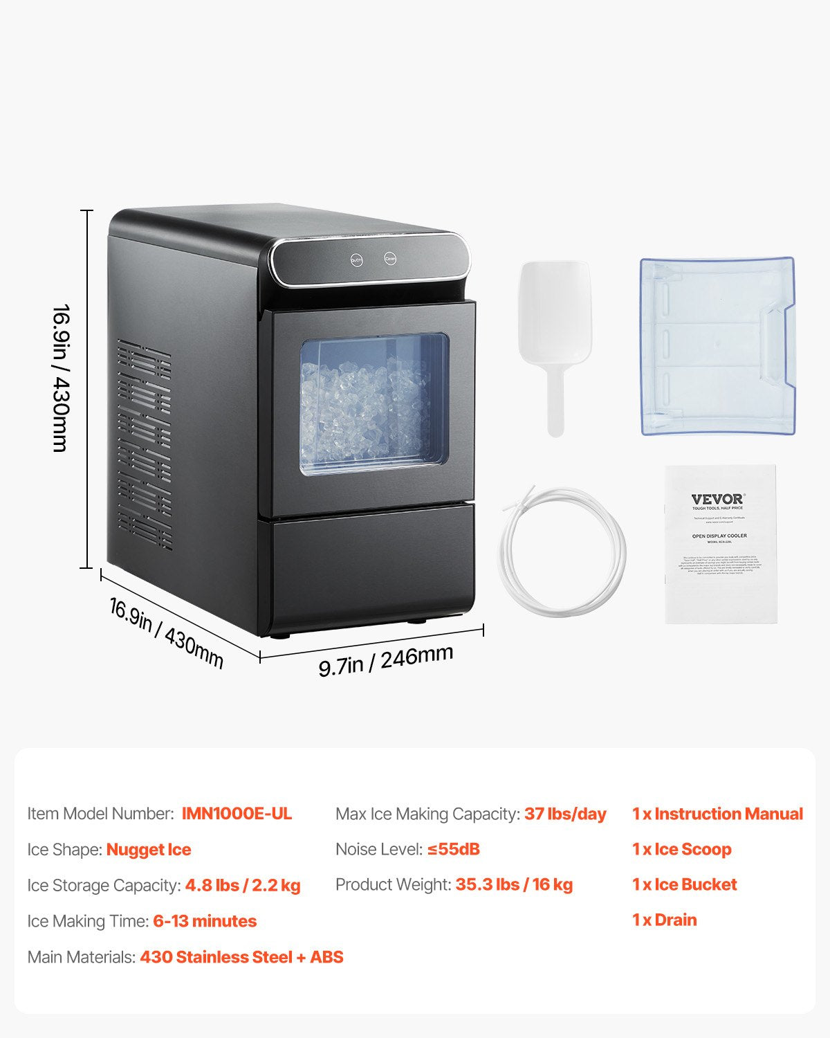 Nugget Ice Maker, 37lbs/24H Pebble Ice Maker with Self Cleaning, Chewable Ice Maker with Ice Scoop and Basket, Stainless Steel Ice Machine with Convenient Ice Transfer for Home Kitchen Office