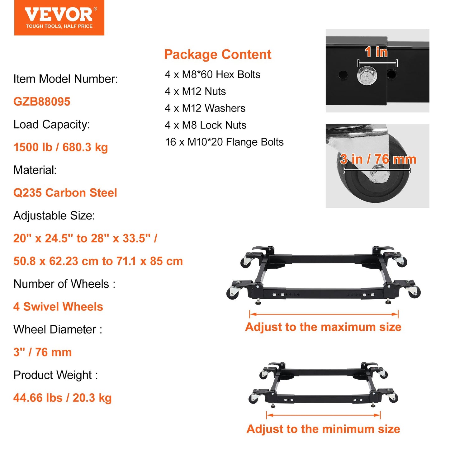 Mobile Base, 1500 lbs Capacity, Adjustable from 20" x 24.5" to 28" x 33.5", Heavy Duty Universal Mobile Base Stand with 4 Swivel Wheels, for Woodworking Equipment, Bandsaw, Power Tool, Machine