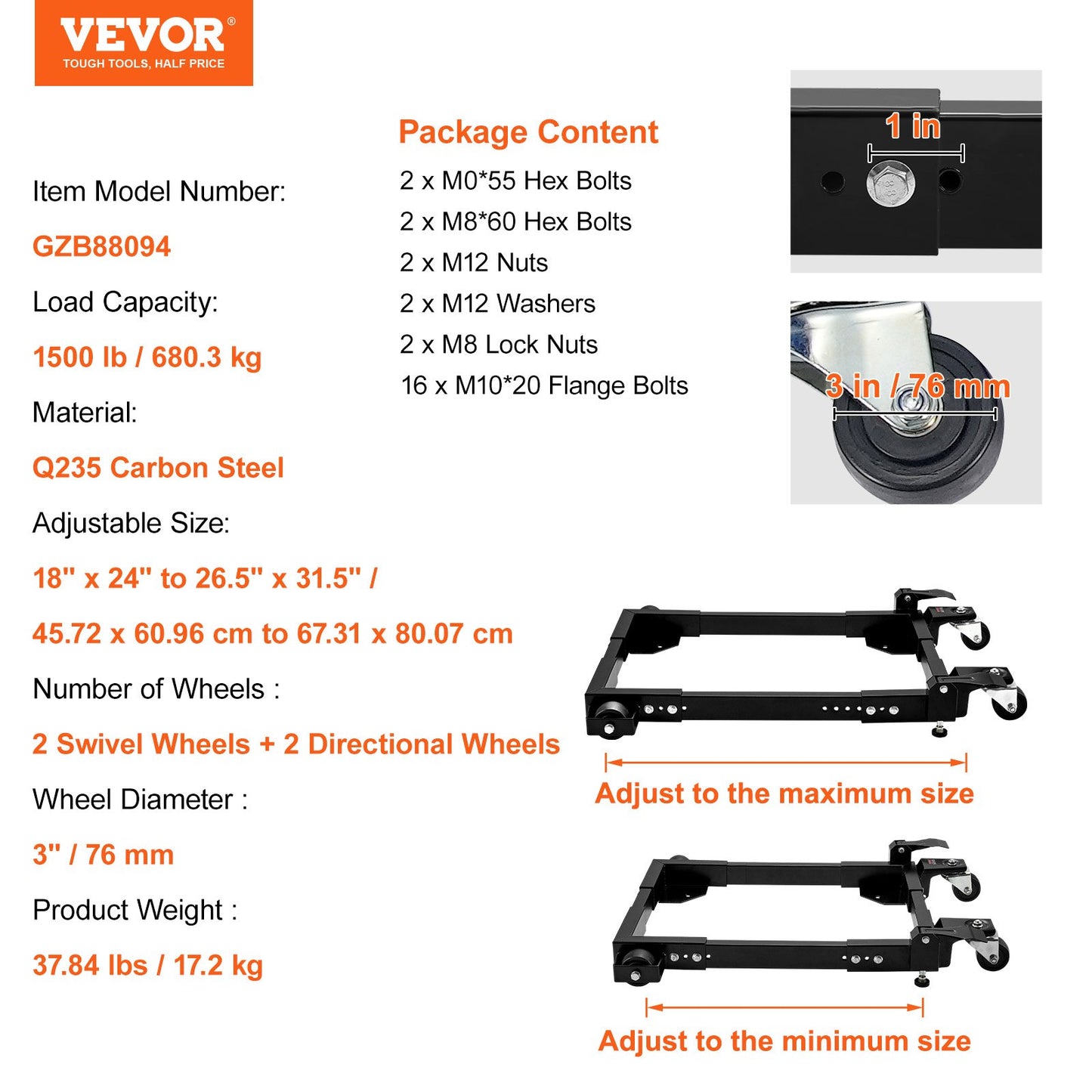Mobile Base, 1500 lbs Capacity, Adjustable from 18" x 24" to 26.5" x 31.5", Heavy Duty Universal Mobile Base Stand with Swivel Wheels, for Woodworking Equipment, Bandsaw, Power Tools, Machines