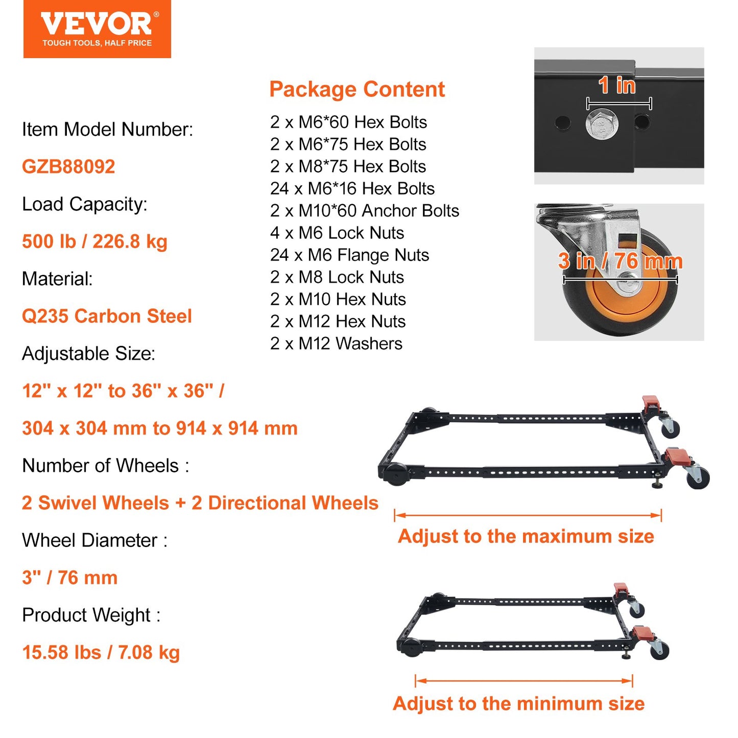 Mobile Base, 500 lbs Weight Capacity, Adjustable from 12" x 12" to 36" x 36", Heavy Duty Universal Mobile Base Stand with Swivel Wheels, for Woodworking Equipment, Bandsaw, Power Tools, Machines