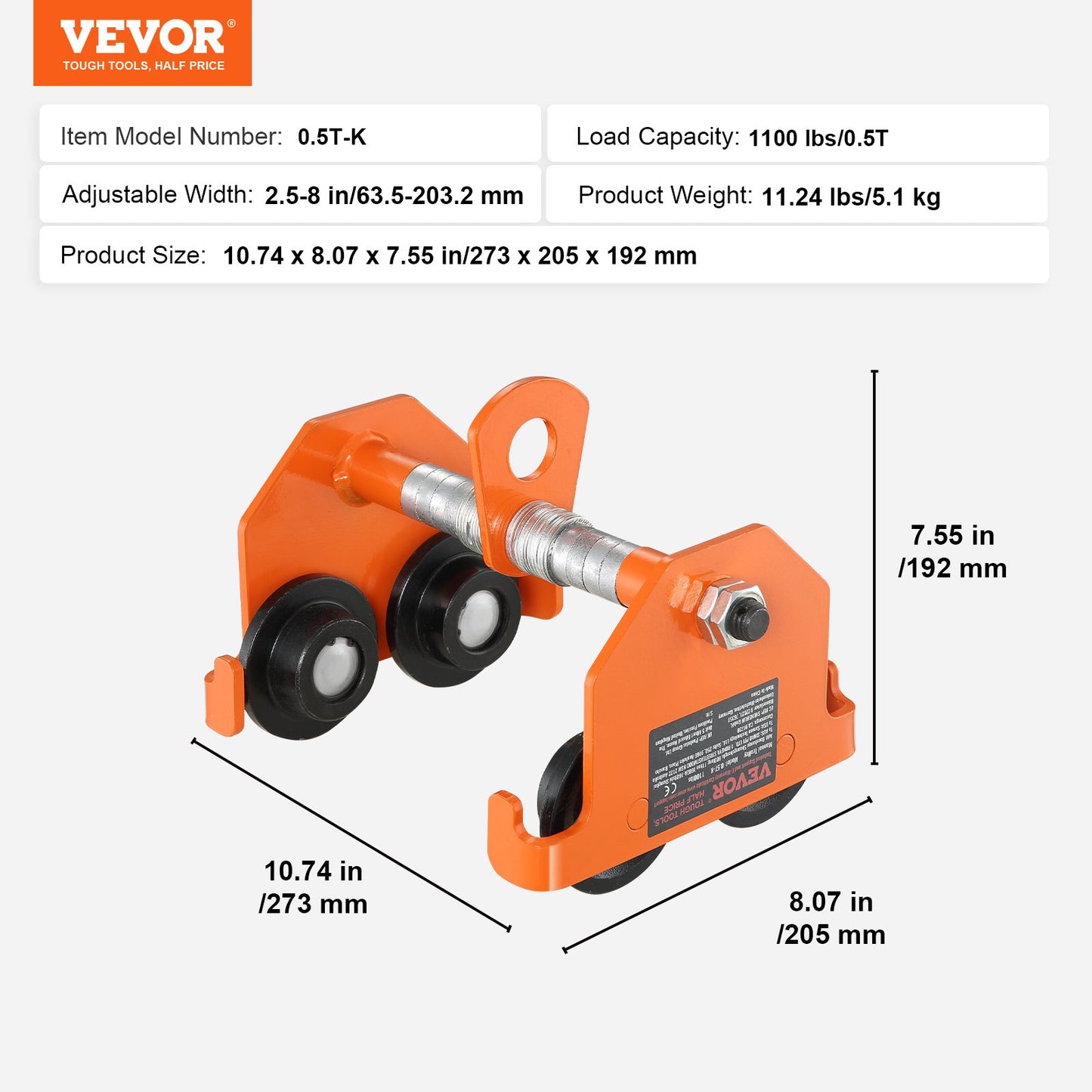 Manual Trolley, 1100 lbs/0.5 Ton Load Capacity, Push Beam Trolley with Dual Wheels, Adjustable for I-Beam Flange Width 2.5" to 8", Heavy Duty Alloy Steel Garage Hoist for Straight Curved I Beam