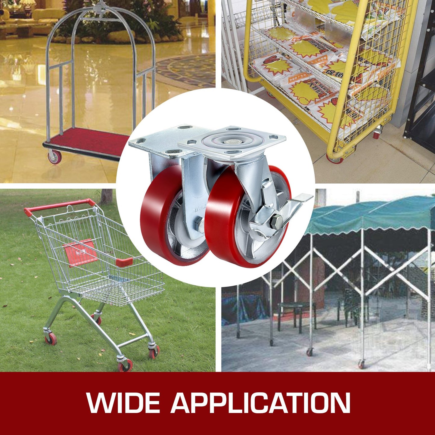 4 Pack 6 x 2 Inch Caster Wheels 2 Rigid and 2 Swivel Casters with Side Brake Polyurethane Iron Core Plate 1000LBS Capacity Per Wheel