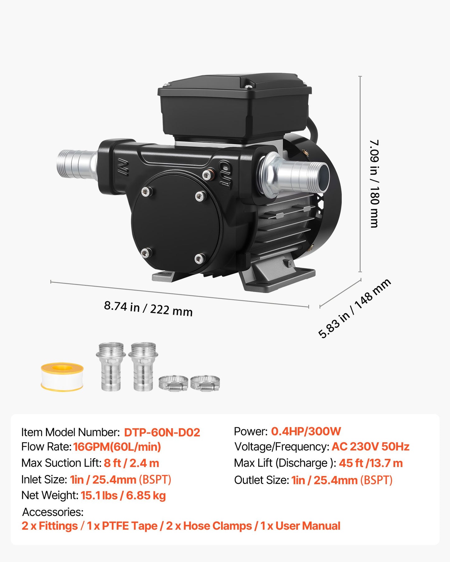 Oil Transfer Pump 110V, 16 GPM 60 L/min, AC Electric Fuel Transfer Pump for Diesel Kerosene Biodiesel, 8 ft/2.4 m Max Suction Lift, 45 ft/13.7 m Max Lift, for Vehicles, Construction Sites, Farms