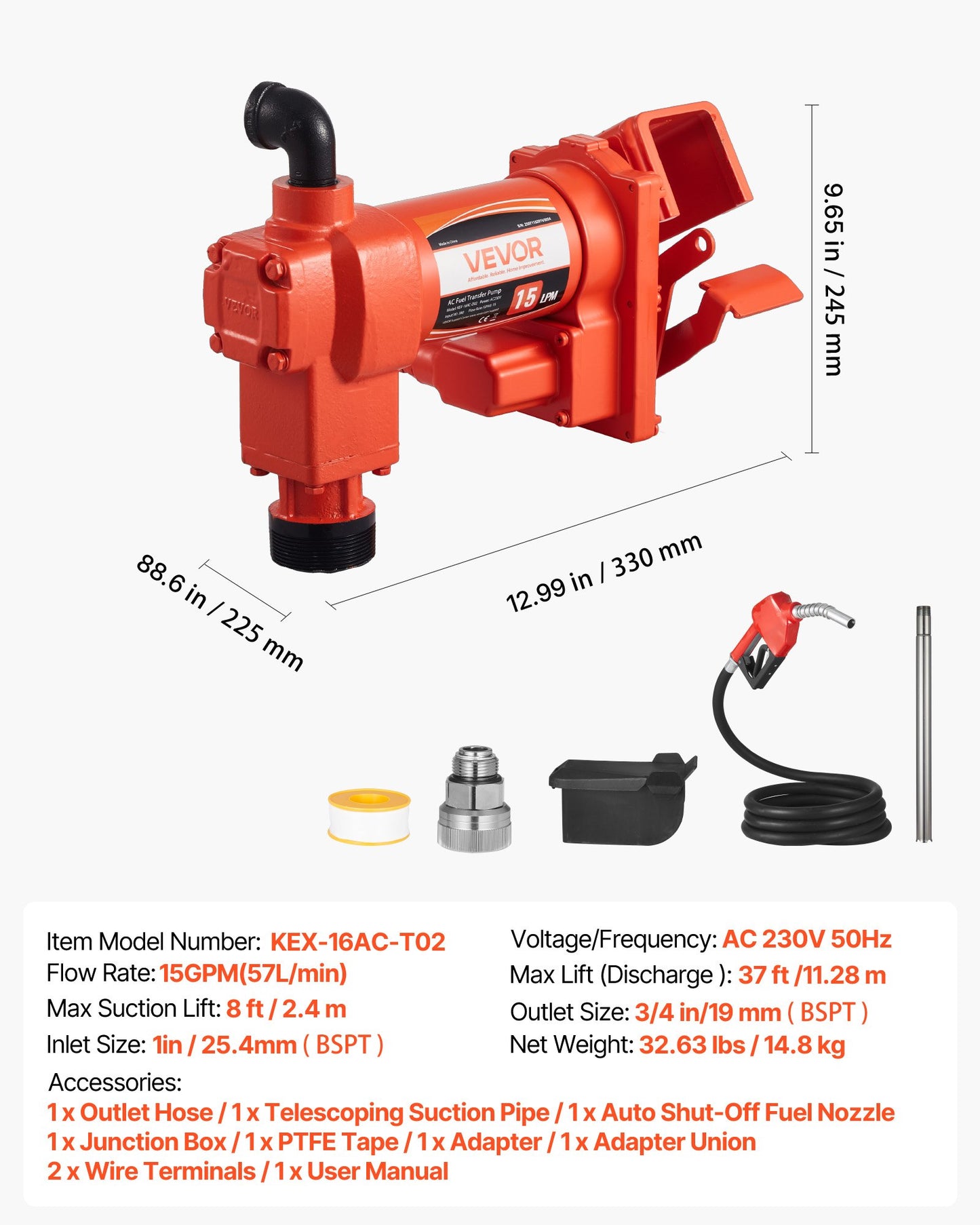 Fuel Transfer Pump 110V, 15 GPM 57 L/min, AC Electric Oil Transfer Pump, with Auto Shut-Off Fuel Nozzle & Discharge Hose, High Flow Kit for Gasoline, Diesel, Kerosene, Biodiesel, Ethanol Blends