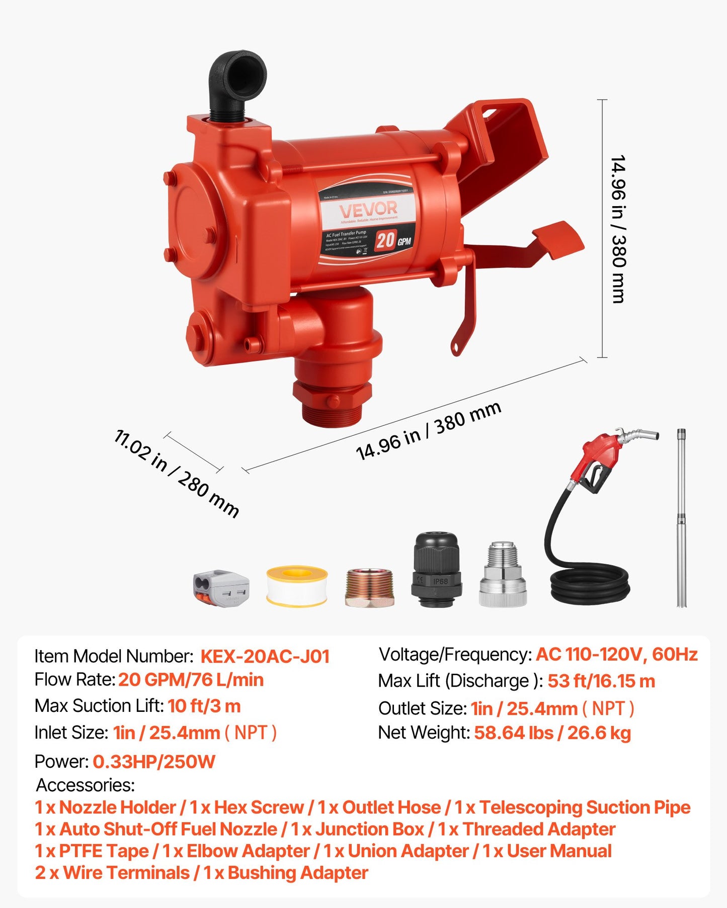 Fuel Transfer Pump 110V, 20 GPM 76 L/min, AC Electric Oil Transfer Pump, with Auto Shut-Off Fuel Nozzle & Discharge Hose, High Flow Kit for Gasoline, Diesel, Kerosene, Biodiesel, Ethanol Blends