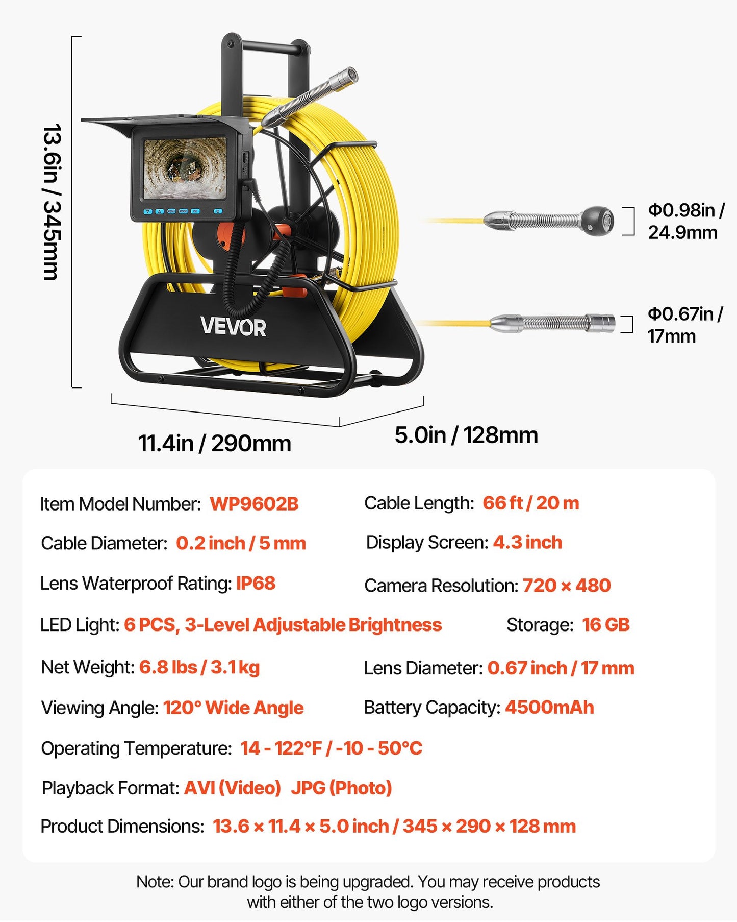 Sewer Camera, 66 ft/20m, 4.3" Drain Inspection Camera, IP68 Waterproof Snake Plumbing Camera with Lights - 6 Adjustable LEDs, 4500mAh Battery & 16GB Card for Sewer Line Duct Pipes