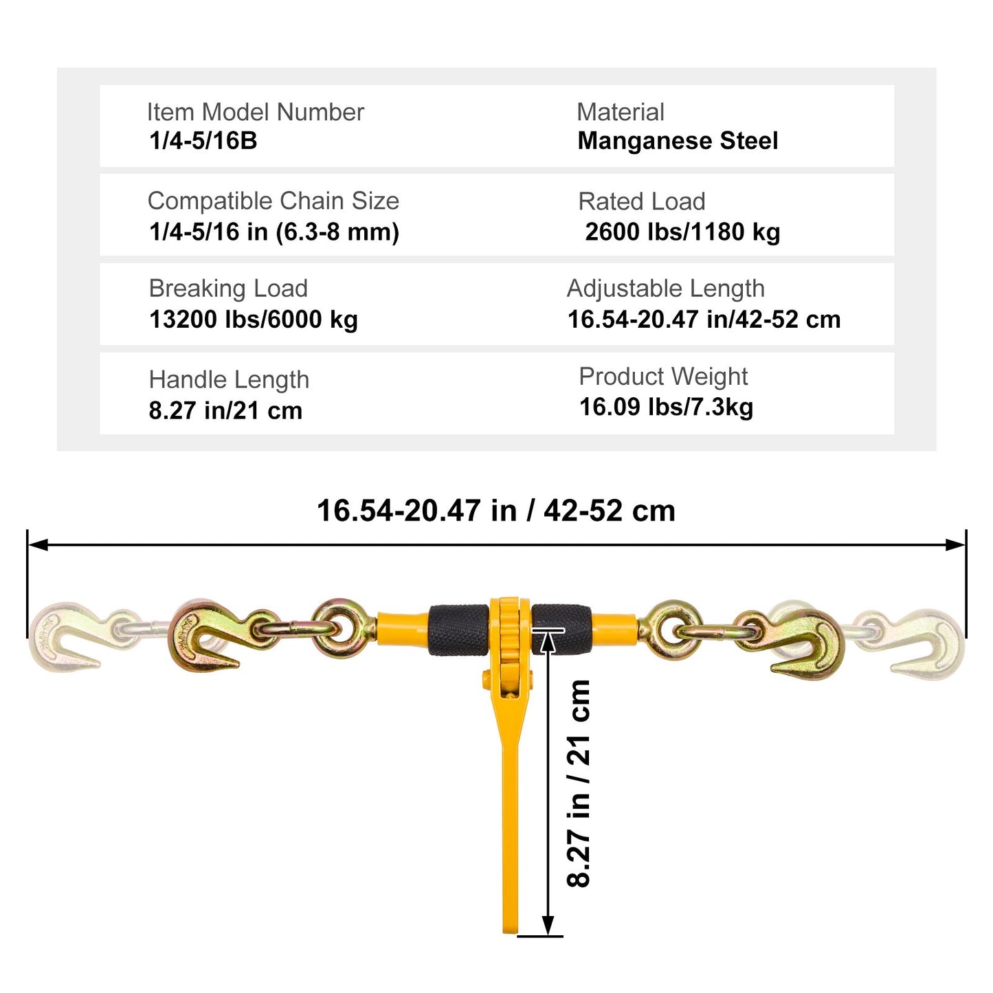 Ratchet Chain Binders, 1/4"-5/16", 2600 lbs Safe Working Load, 4 Pack Load Binder with 2 Grab Hooks, Tie Downs for Transport Chain, Heavy Duty Tow Chain Ratchet Binders for Flatbed Truck Trailer