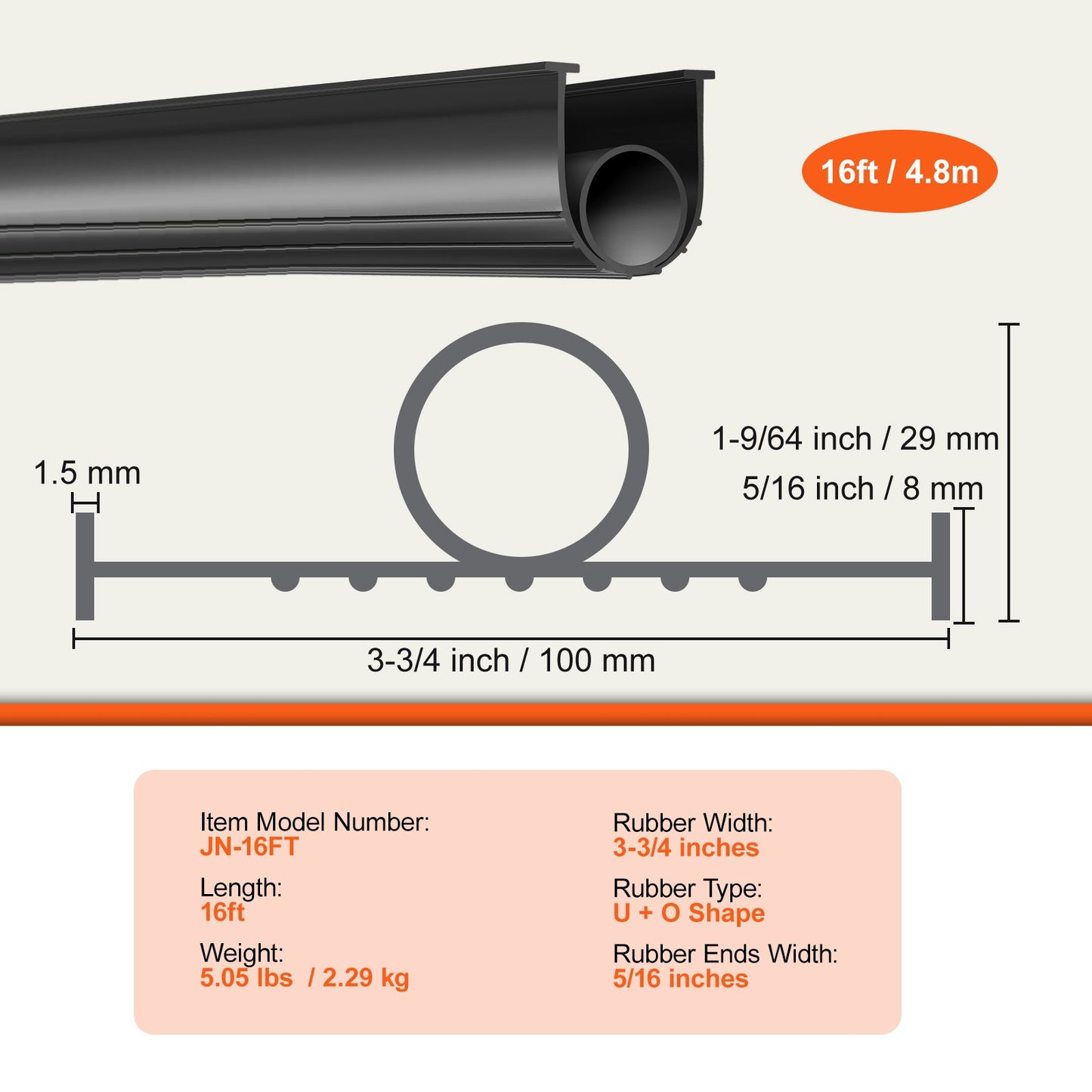 Garage Door Seals Bottom Rubber, U Shape +O Ring Garage Door Weather Stripping, Universal Weatherproof Threshold Buffering Sealing Rubber , 5/16 inch T-ends and 3 3/4 inch Width (16 Ft, Black)