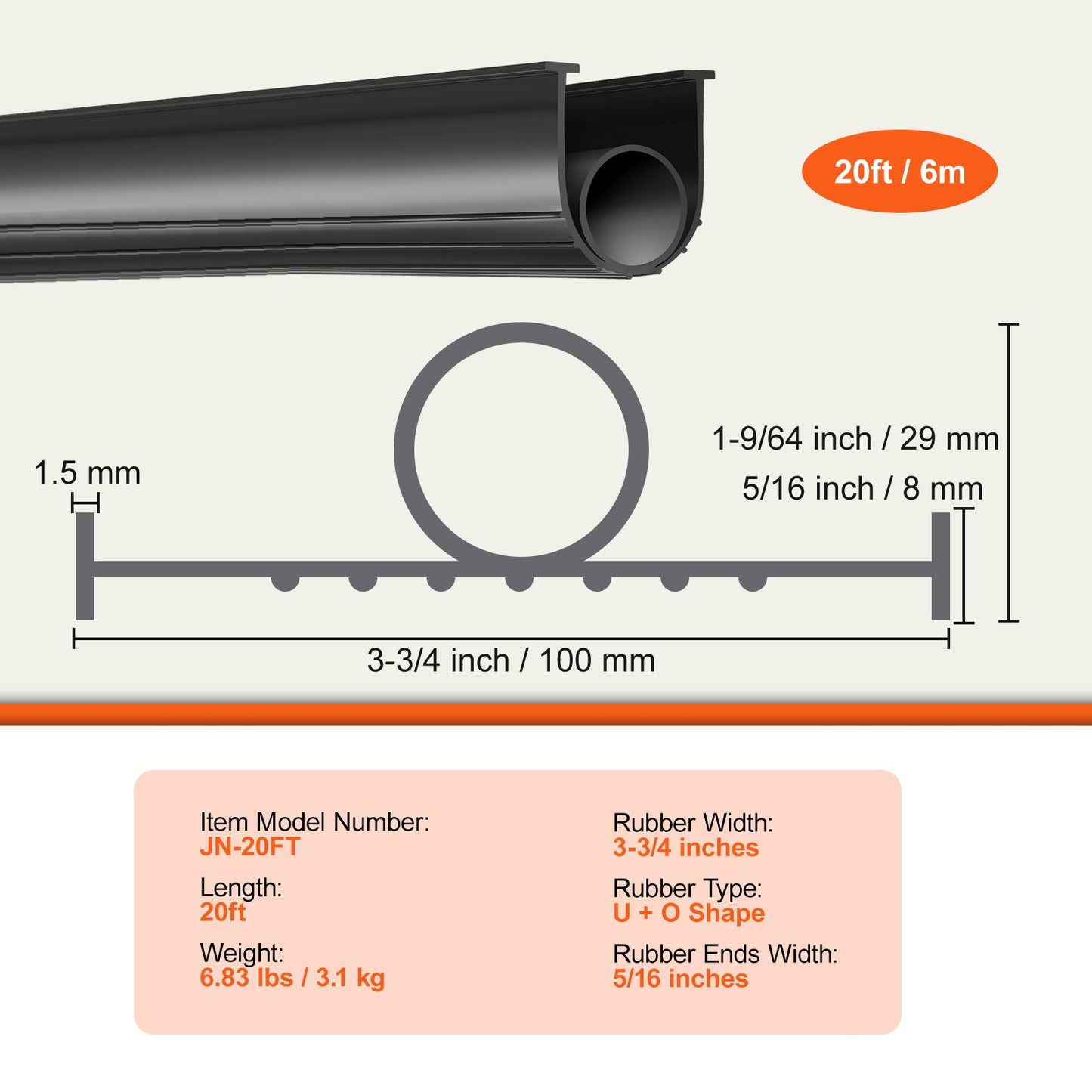 Garage Door Seals Bottom Rubber, U Shape +O Ring Garage Door Weather Stripping, Universal Weatherproof Threshold Buffering Sealing Rubber , 5/16 inch T-ends and 3 3/4 inch Width (20 Ft, Black)