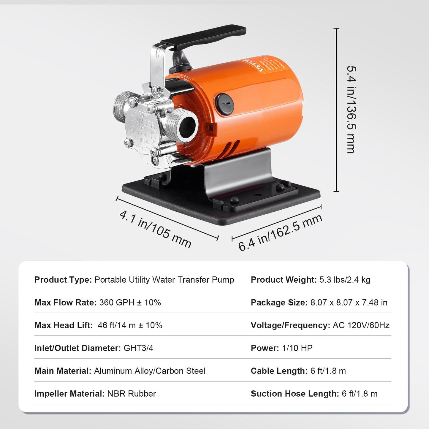 Water Transfer Pump, 120V AC 360 GPH 1/10 HP, Portable Electric Utility Pump with 6 ft Suction Hose Kit, Carbon Brushes, Impeller, Suction Strainer, for Garden, Rain Barrel, Pool, Pond, Aquarium