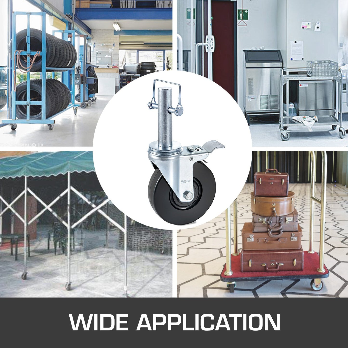 4 Pack 5" Heavy Duty Scaffolding Rubber Swivel Caster With Dual Locking 1" Solid Round Stem 280LBS Capacity Per Wheel