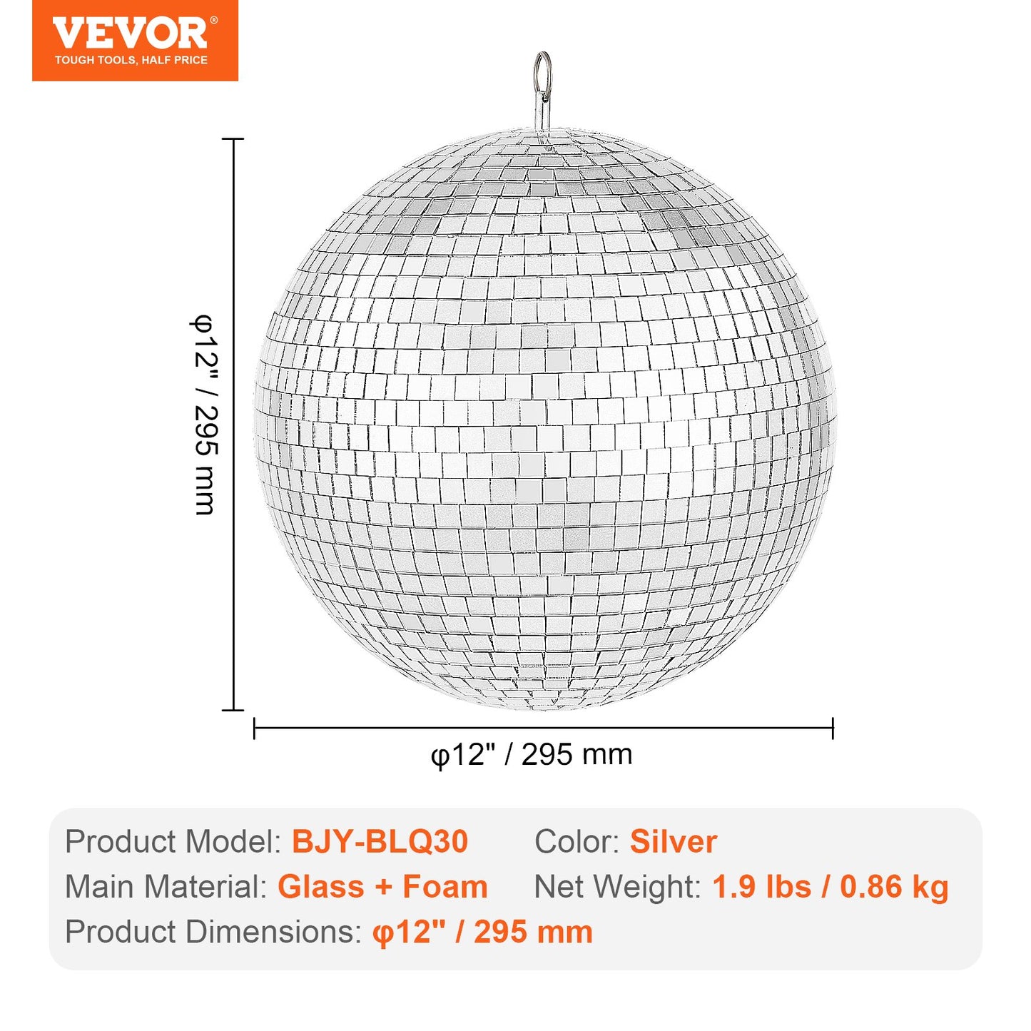 Mirror Disco Ball, 12 Inch Mirror Ball with Hanging Ring, Lightning Disco Ball Party Decorations, Ideal for DJ Club, Stage, Wedding, Birthday, Christmas, New Years Celebration