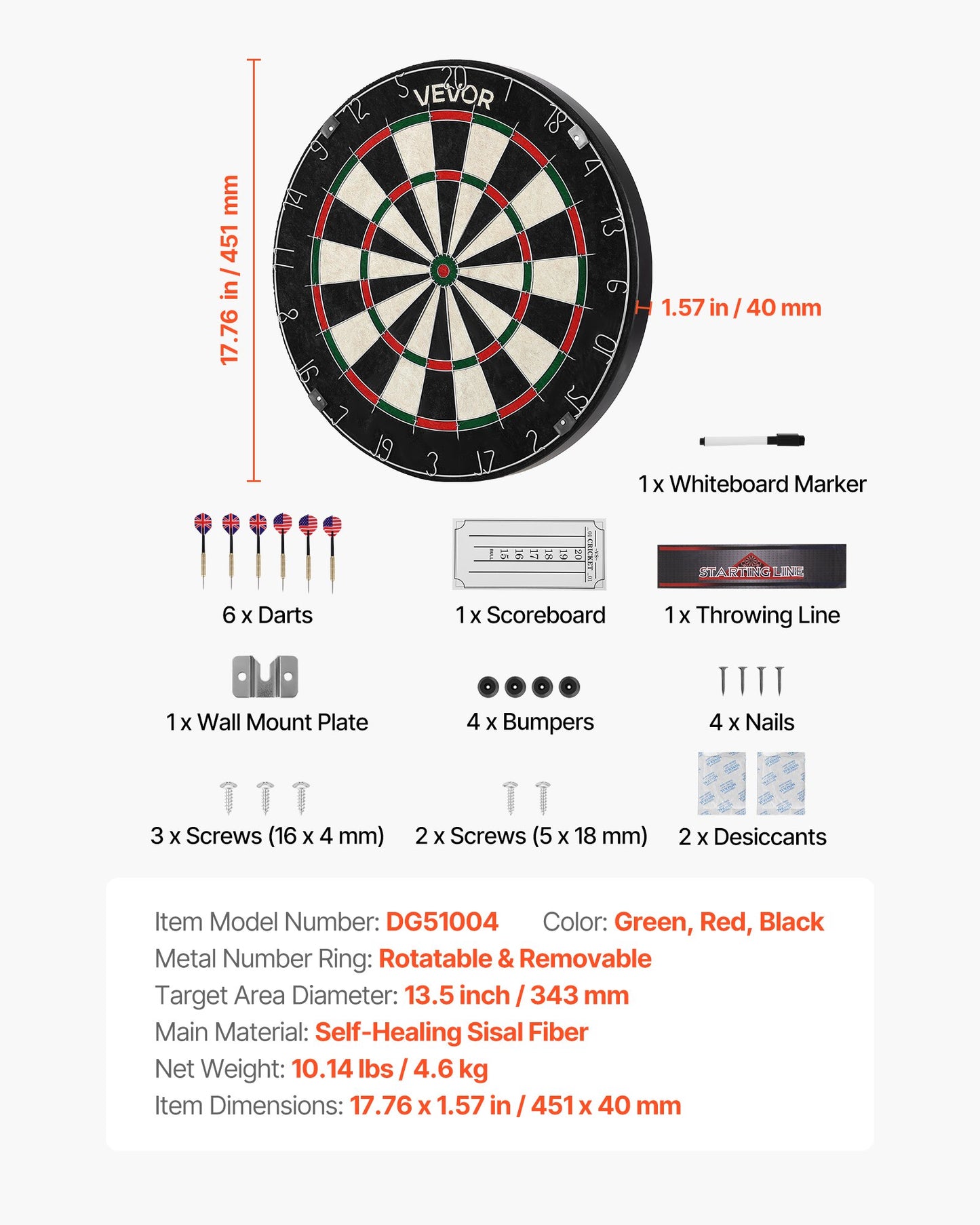 Dartboard with 6 Darts & Scoring Kit, Self-Healing Sisal Fibers Dartboard with Staple-Free Bullseye & Rotating Number Ring, 17.7" Professional Steel Tip Dart Board Set for Home Party Game Rooms