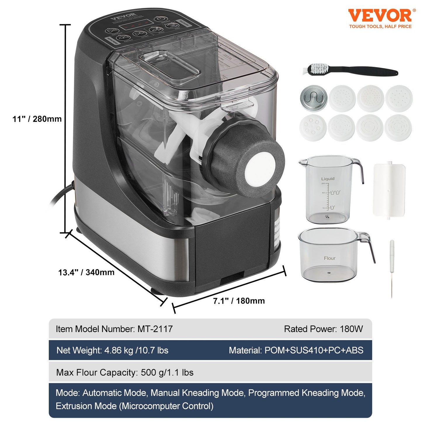 Electric Pasta Maker, 150W Automatic Noodle Maker Machine with 8 Pasta Shapes, 4 Intelligent Modes, 500g Flour Capacity Pasta Maker Machine with Measuring Cups, Cleaning Brush for Home Kitchen
