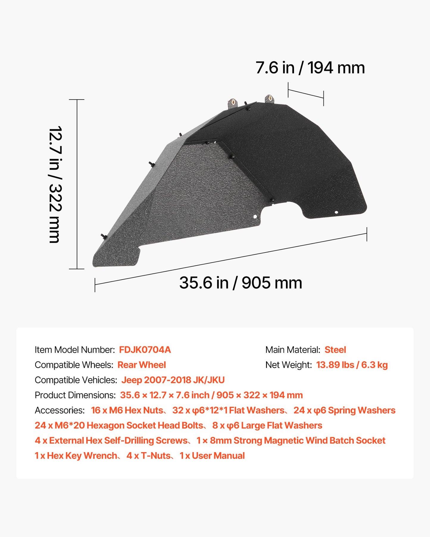 Inner Fender Liner, Rear Fender Liner Compatible with 2007-2018 Jeeps JK/JKU 2/4 Doors, Steel Mud Guards Bolt-on Style Fenders Flare, Wheel Well Cover Fenders Flare Liners, Scratch-Resistant