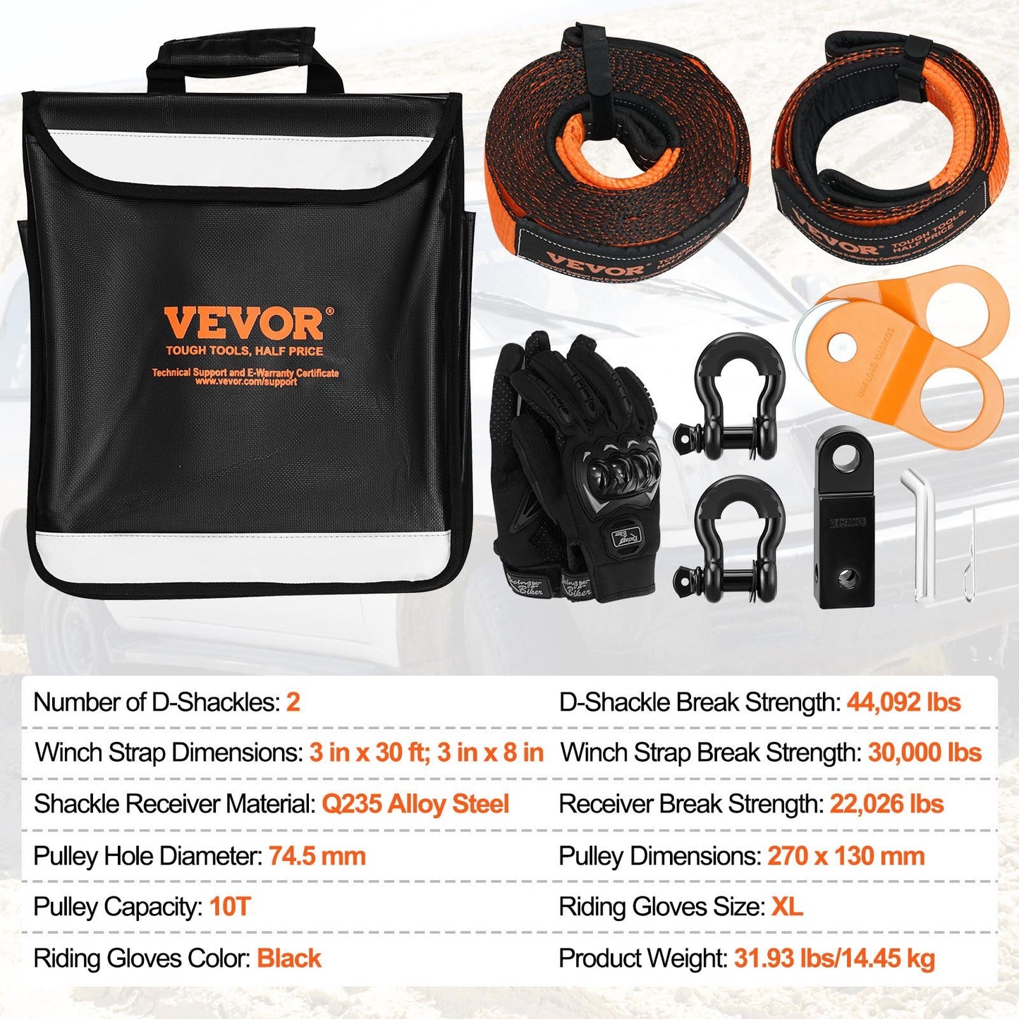 Off-Road Recovery Kit, 3" x 30', Heavy Duty Winch Recovery Kit with 30000 lbs Tow Straps, 44092 lbs D-Ring Shackles, Shackle Receiver, Snatch Block Pulley, Gloves, Storage Bag for ATV Jeep Truck