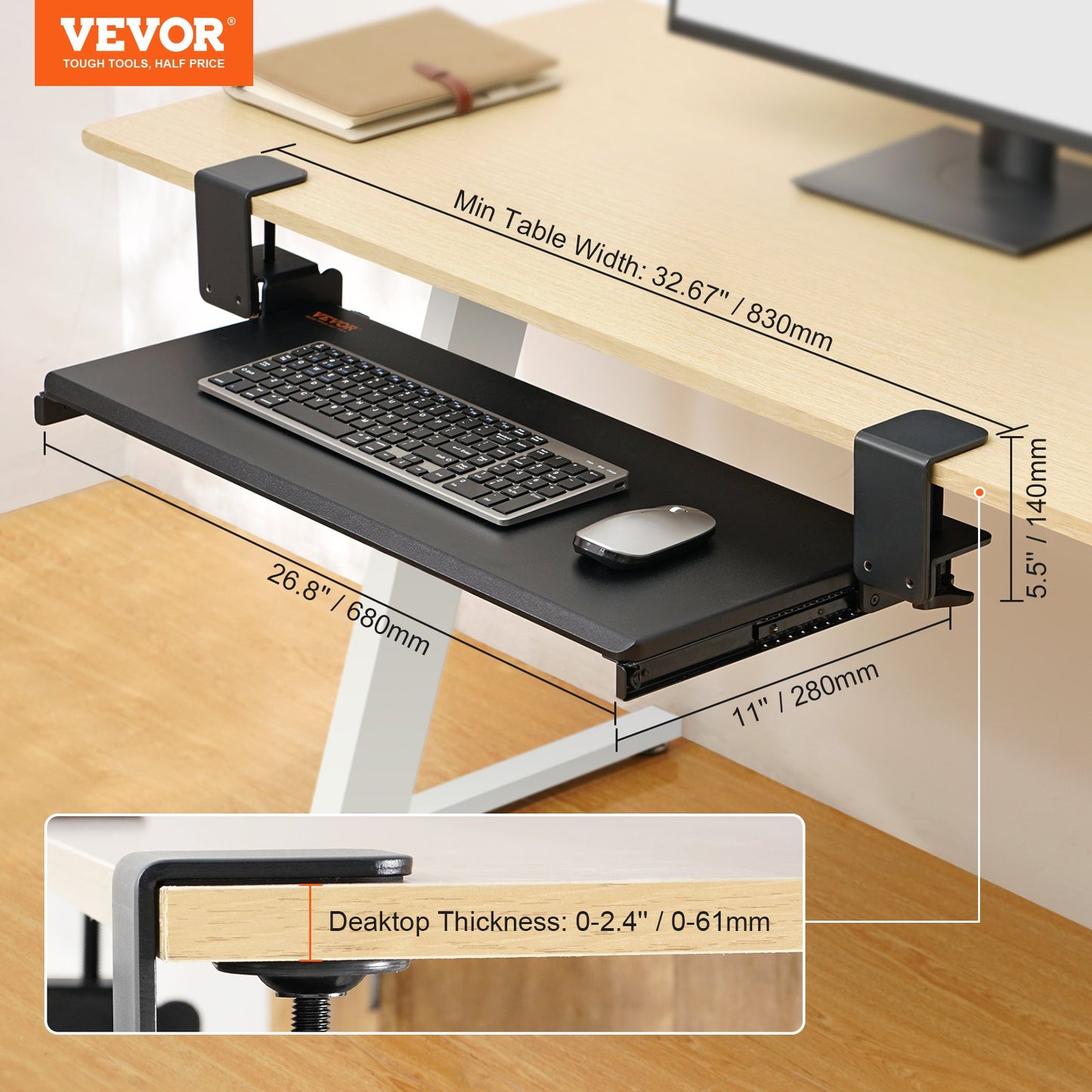 Keyboard Tray Under Desk, Pull out Keyboard/Mouse Tray Under Desk with Sturdy No-drill C Clamp Mount, Large 26.8 x 11 inch Slide-out Computer Drawer for Typing in Home, Office Work