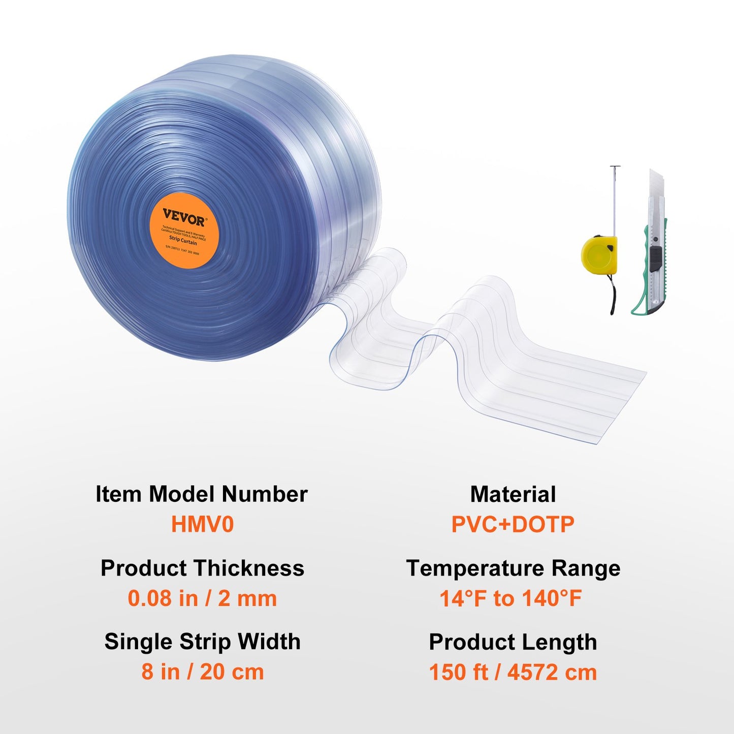 Strip Curtain, 150' Length, 8" Width, 0.08" Thickness, Clear Ribbed Plastic Door Strips, PVC Curtain Strip Door Bulk Roll for Warehouses, Factories, Supermarkets, Shopping Malls, Halls, Garages