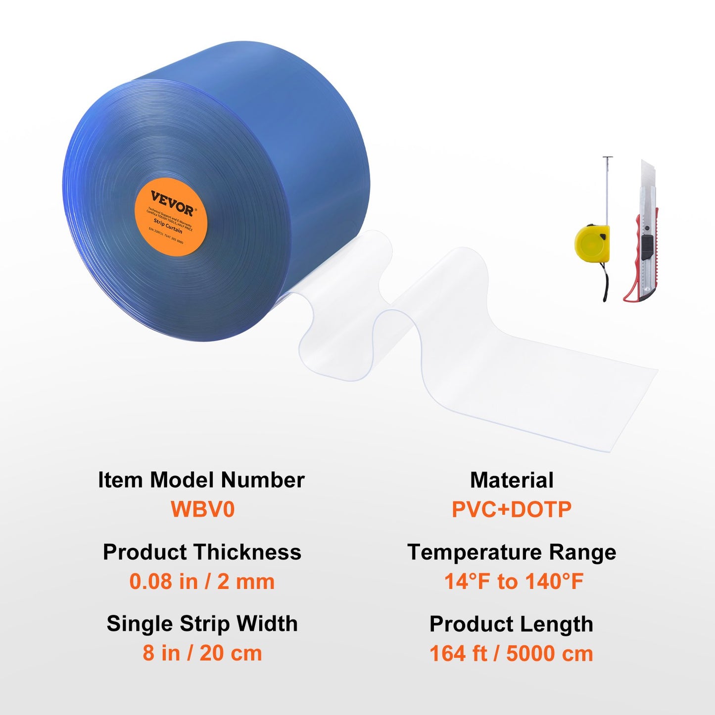 Strip Curtain, 164' Length x 8" Width x 0.08" Thickness, Clear PVC Smooth Curtain Strip Door Bulk Roll, Plastic Door Strips for Doorways of Supermarket, Garage, Warehouse, Barn, Pet Animal House