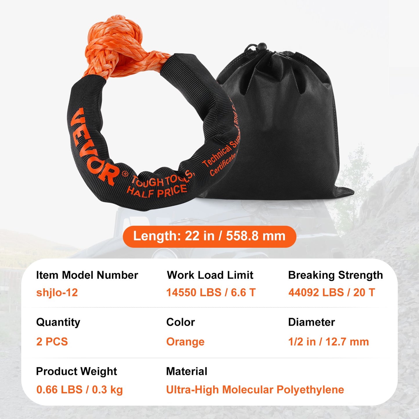 Synthetic Soft Shackle, 1/2" x 22" (2 Pack) 44092 lbs (20 Ton) Breaking Strength Recovery Tow Shackles with Extra 2 Sleeves & Storage Bag for UTV, ATV, Trucks, Jeep, Off-Road Vehicles, Orange