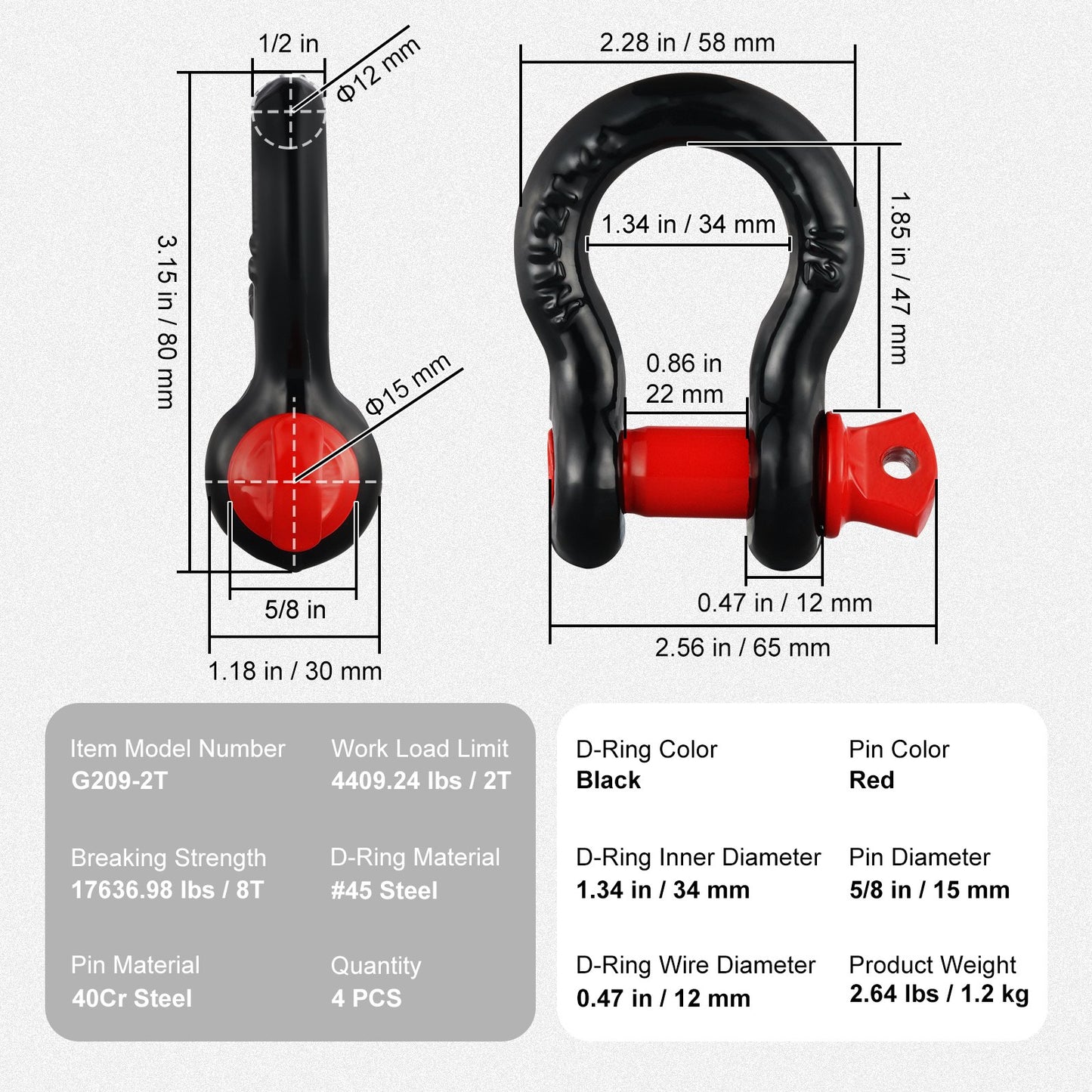 1/2" D-Ring Shackle, 4 Pack Alloy Steel Shackles 17637 lbs (8 Ton) Break Strength with 5/8" Screw Pin, Heavy Duty Off Road Vehicle Recovery Shackle, Towing Accessories for Jeep Truck, Black